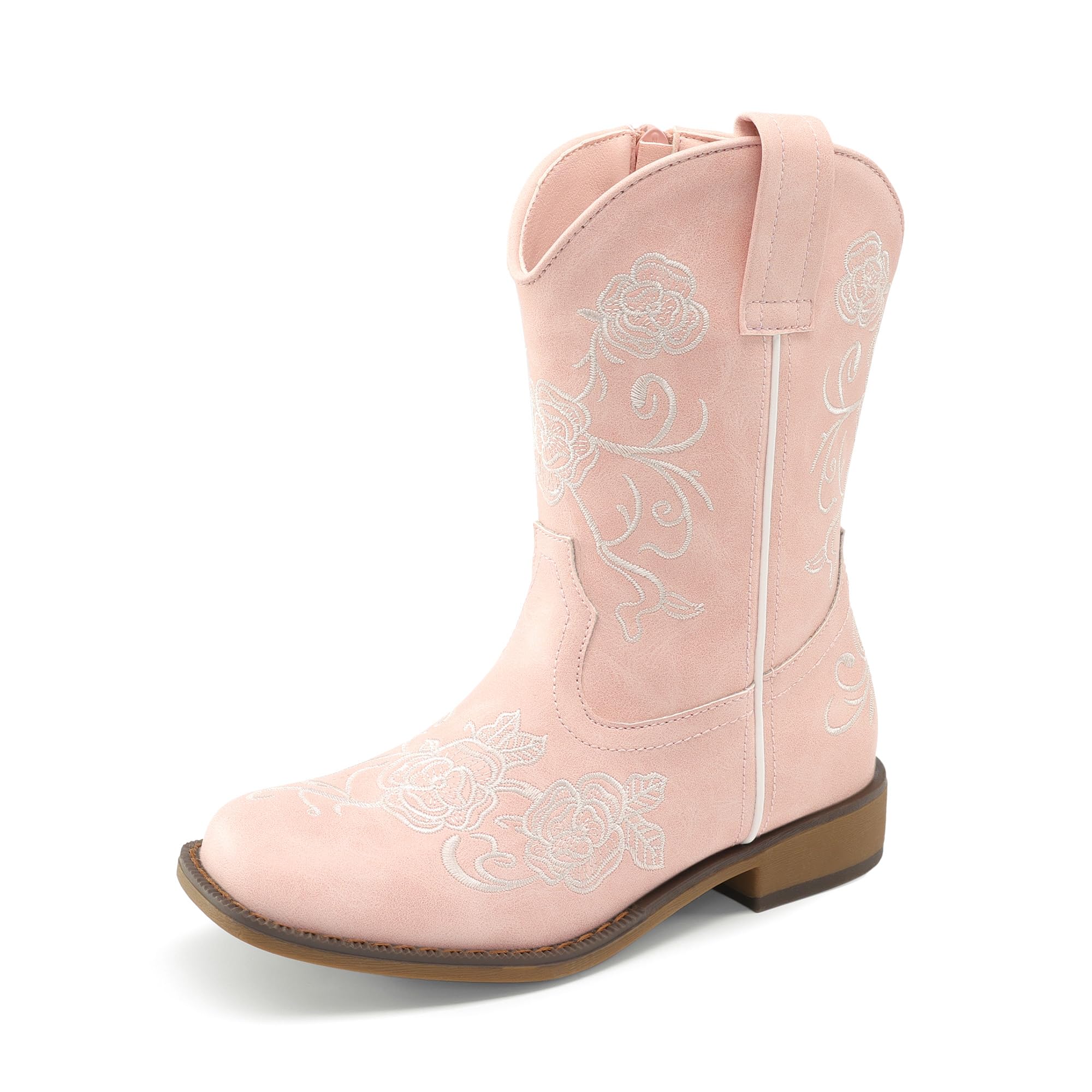 Girls Cowboy Boots Floral Embroidered Classic Western Cowgirl Boots Square Toe Mid Calf Side Zipper Horsing Party Toddler/Little/Big Kids