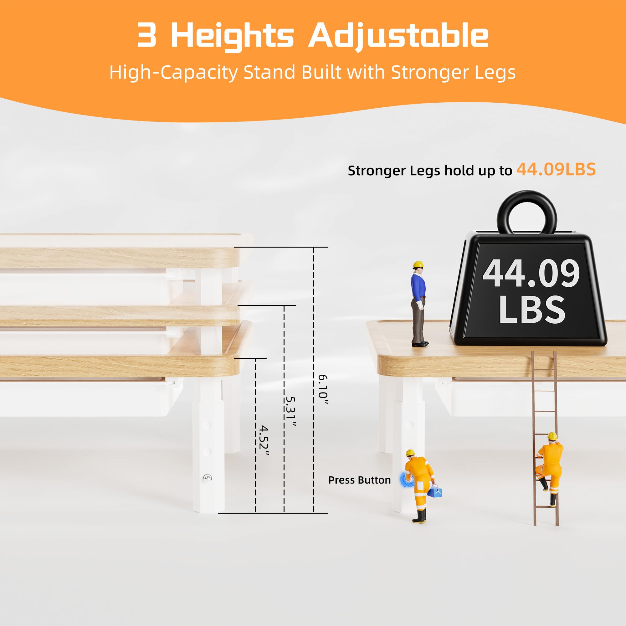 ETHU Supporto per monitor regolabile a 3 altezze, alzata da scrivania in legno con cassetto portaoggetti per monitor e stampante portatile, organizer da scrivania da 37,5 x 28,5 cm, può contenere 25