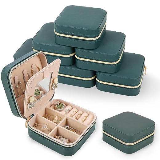 Fixwal 6 Pcs Travel Jewelry Case Jewelry Travel Organizer Mini Jewelry Box Bridesmaid Gift Boxes Bridesmaid Proposal Stuffer Small Storage Organizer for Girls Women Bridesmaid with Mirror (Emerald)