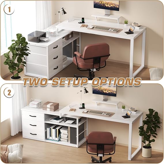 TRIUMPHKEY L-Shaped Desk with 3 Drawers, 140 x 100 x 75 cm, Corner Desk with Shelves, Reversible L-Shape Design with 2 USB Charging Ports & 2 Power Outlets, Home Office Desk, White