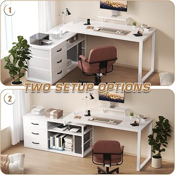 TRIUMPHKEY L-Shaped Desk with 3 Drawers, 140 x 100 x 75 cm, Corner Desk with Shelves, Reversible L-Shape Design with 2 USB Charging Ports & 2 Power Outlets, Home Office Desk, White