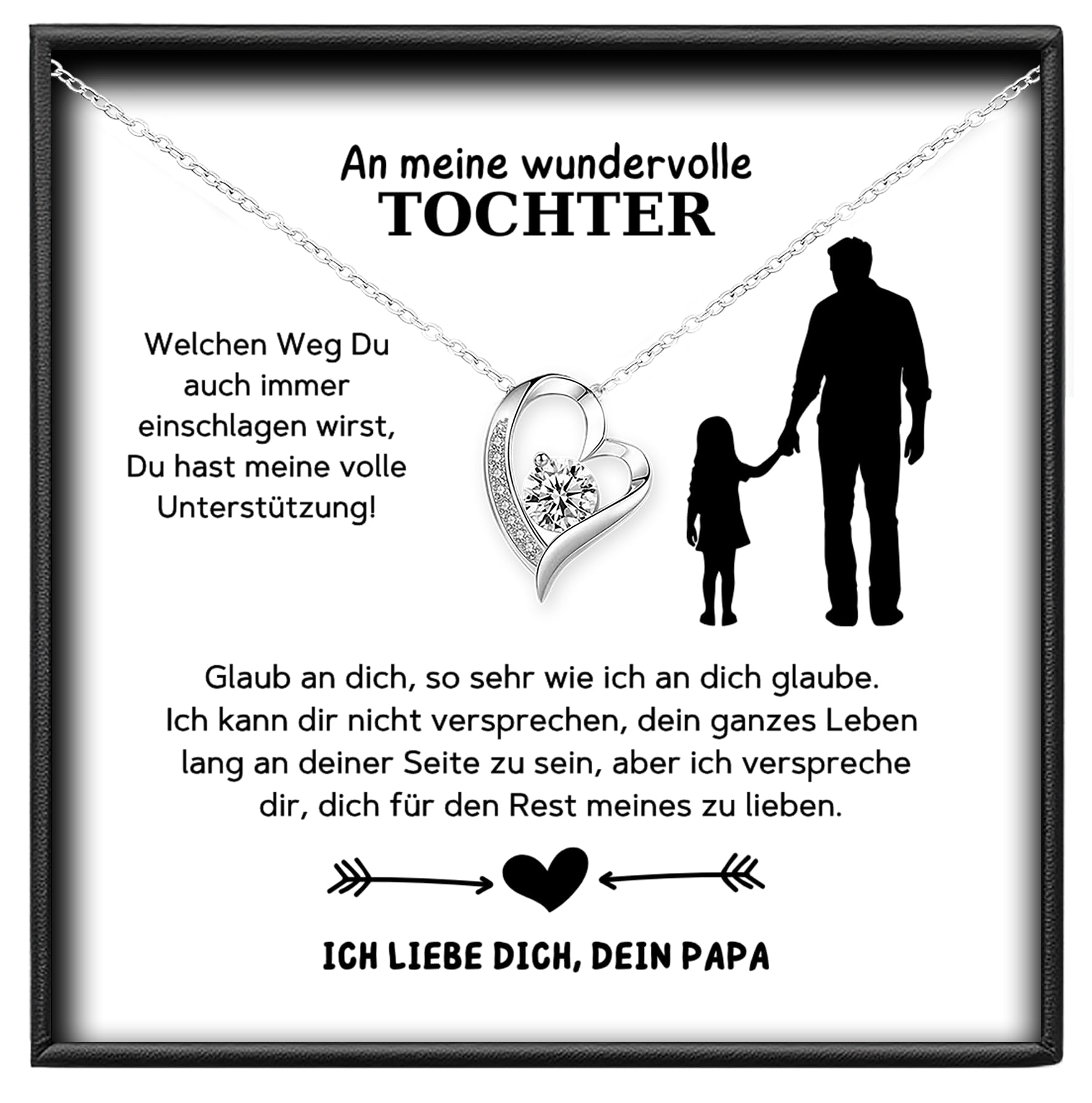 An meine Tochter Herz Kette von Mama oder Papa Doppelherz Halskette mit Zirkonia und persönlicher Karte mit Geschenk-Box zum Geburtstag Weihnachten