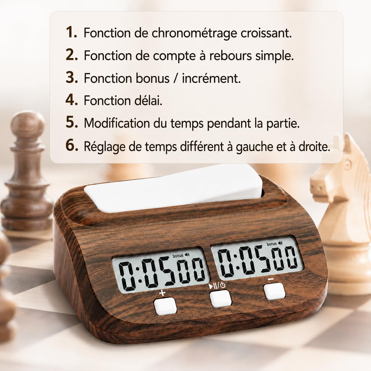 Horloge D'échecs Numérique Professionnelle, Minuteur Échec Electronique avec Compte à Rebours/Bonus/Retard, Pendule Echec Bois, Échiquier Electronique, pour Échecs, Jeu de Go et Gobang