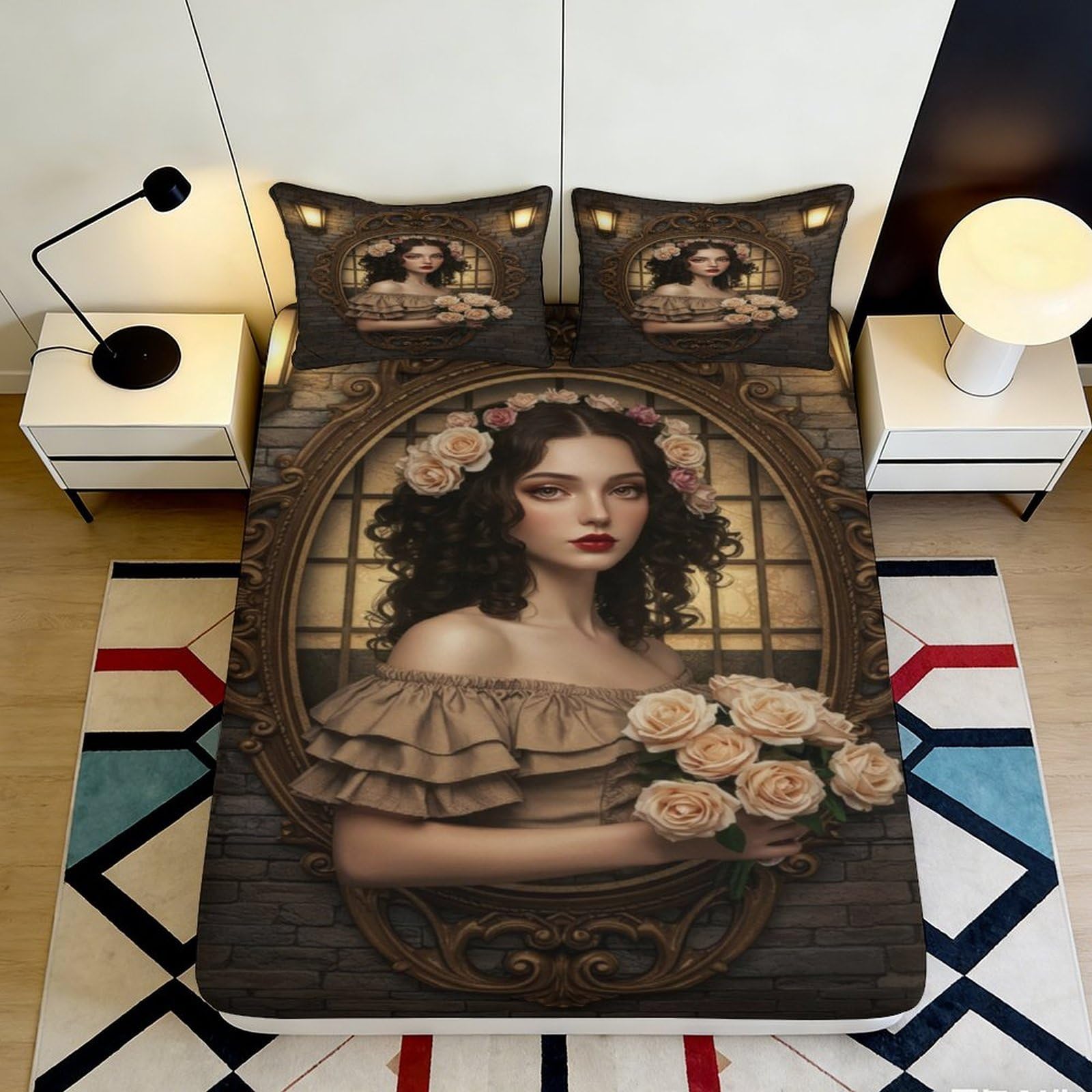 Uxinyoume Style-4 3D Printed Vintage Portrait Fitted Sheet Microfiber Soft Artistic Floral Bed Cover For Bedroom Dorm Mattress Protection Decor 90X200x25cm