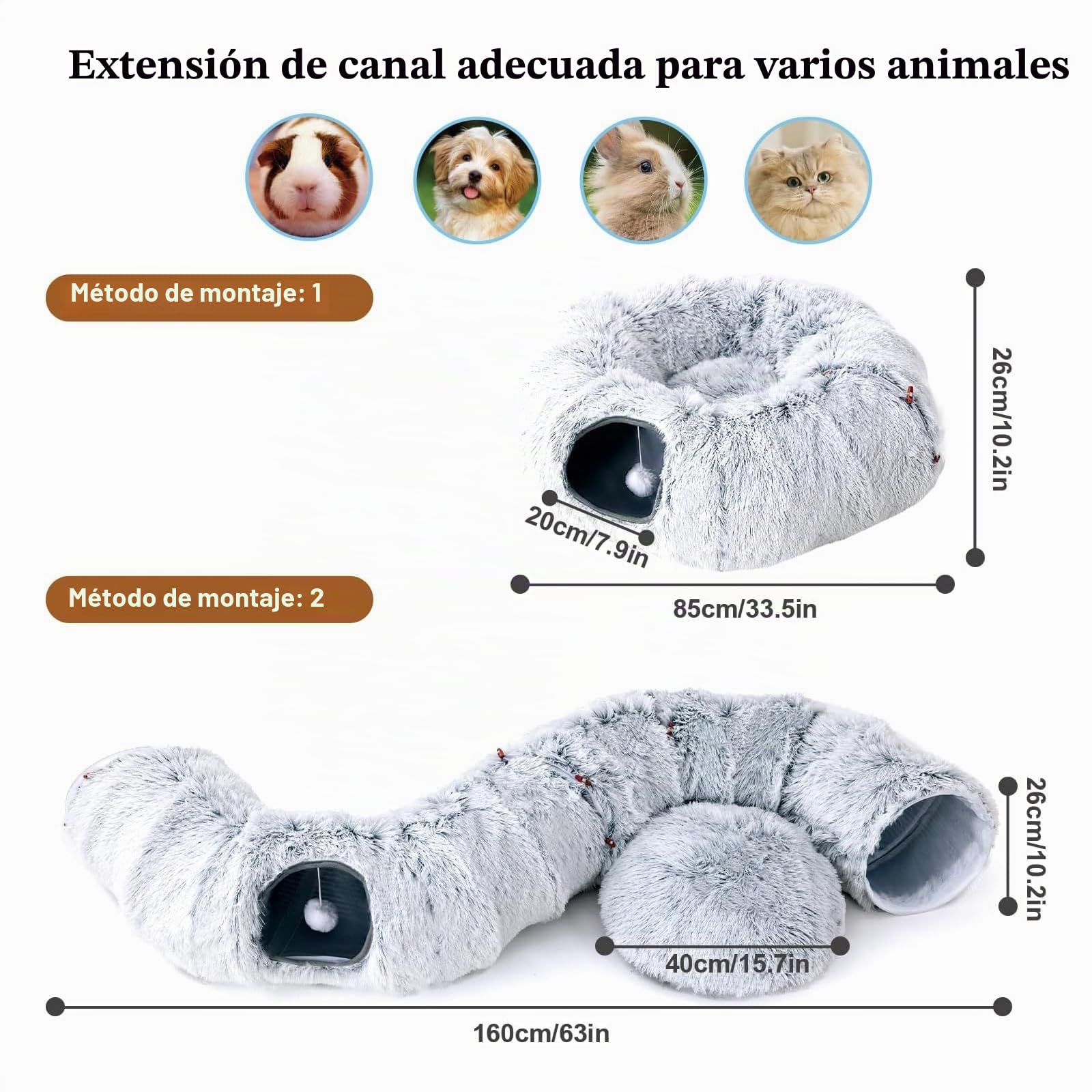 FURRYPAWS Túnel para Gatos 3 en 1-160cm con Cama Extraíble, Transformable (S/C/Redondo), Estructura Metálica Reforzada, 20 Juguetes, Plegable en 10s