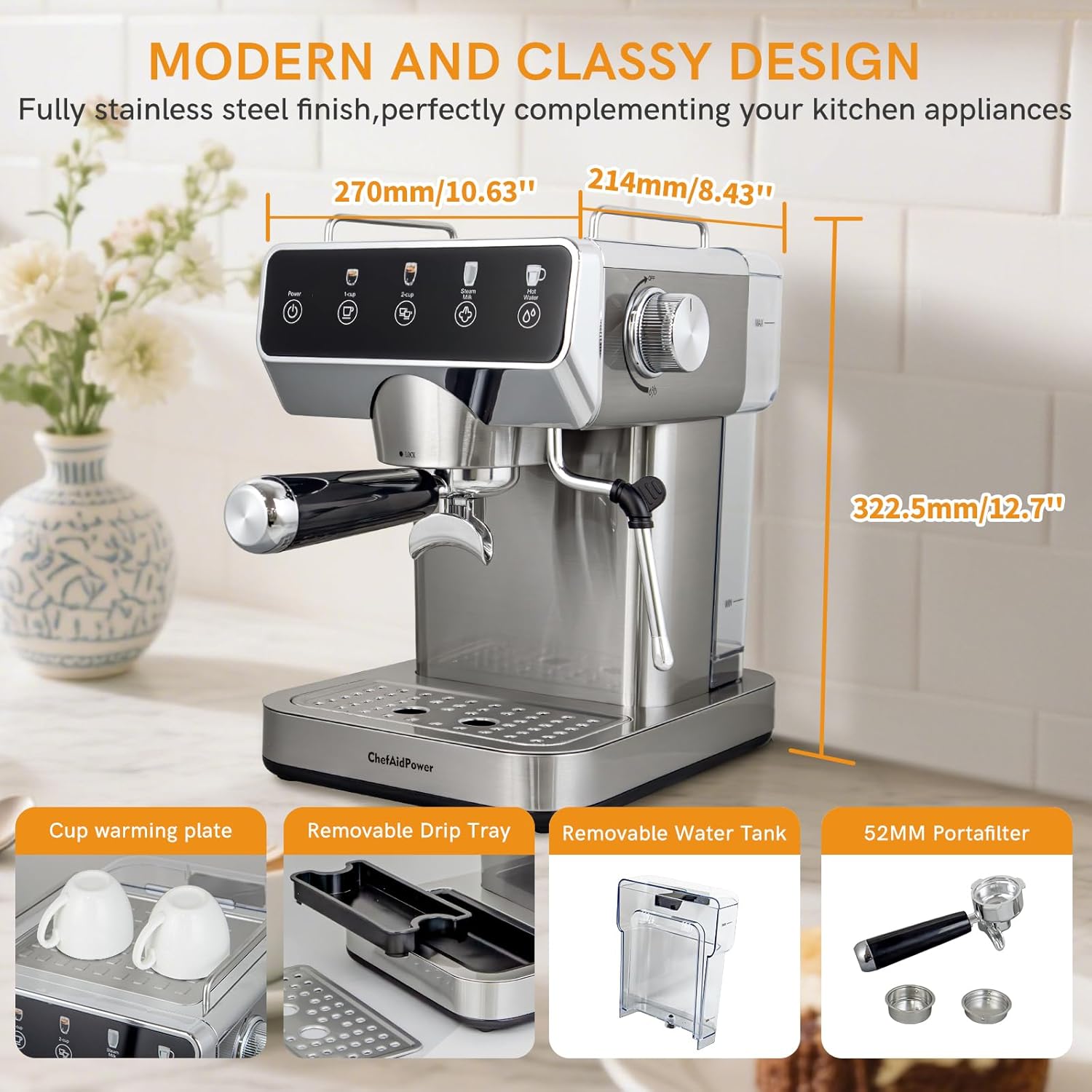 Espresso Machine 20 Bar, Stainless Steel Espresso Coffee Machine with Milk Frother, Coffee Machine with 51oz Removable Water Tank for Americano, Latte & Cappuccino