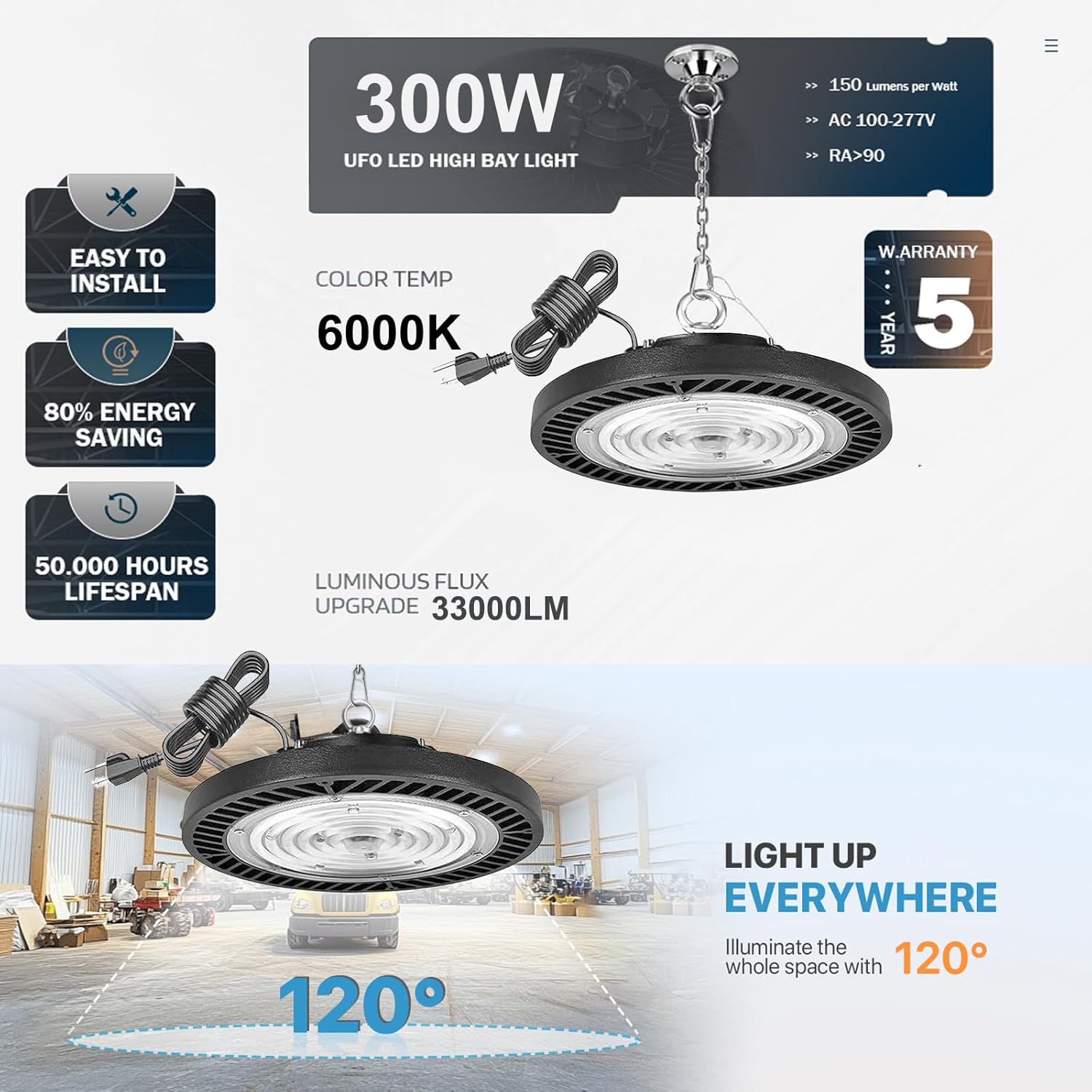 300W-6Pack UFO LED High Bay Light,33000lm 6000K Super Bright LED Shop Lights with US Plug Cable LED Garage Lights Commercial Warehouse Area Light Workshop Garage Factory Lowbay Area Lighting