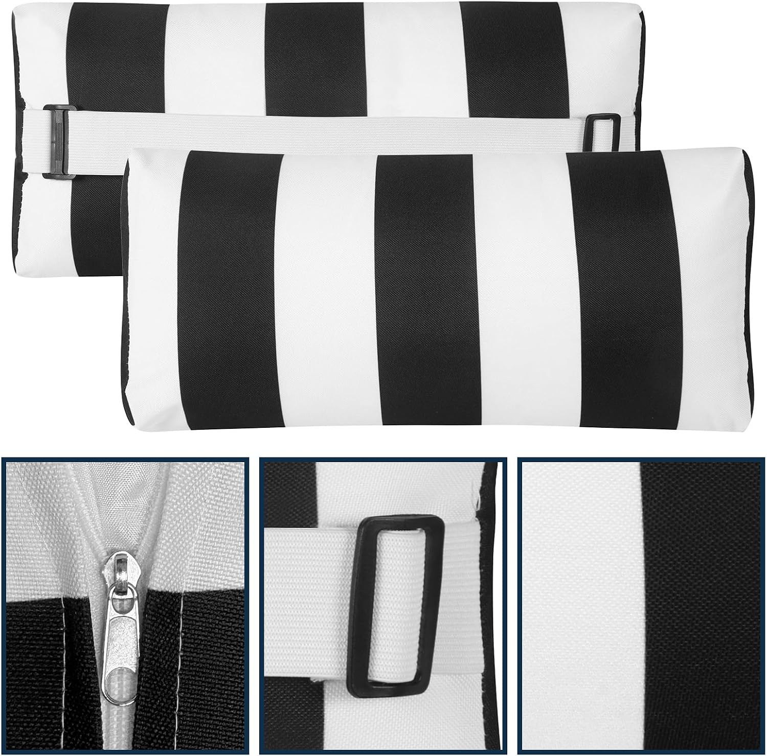 Outdoor Pillow for Chaise Lounge Chair, 2pcs Striped Chaise Lounge Pillows, Adjustable Strap Head Lumbar Pillow for Patio Pool Beach Office, Black
