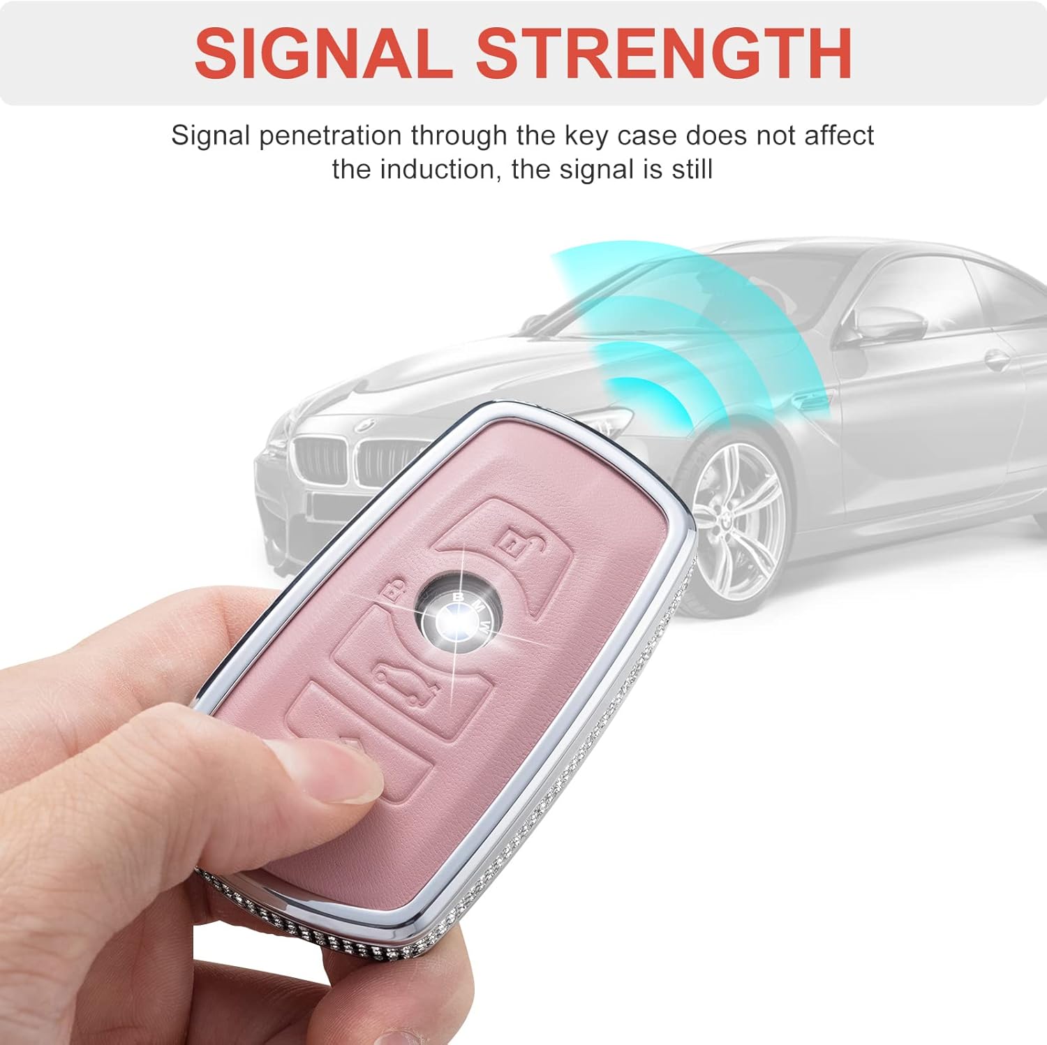 for BMW Key Fob Cover with Keychain, Pink Genuine Leather Crystal Key Case Protection Shell Compatible with BMW 1 3 4 5 6 7 Series X3 X4 M5 M6 GT3 GT5 Remote Start
