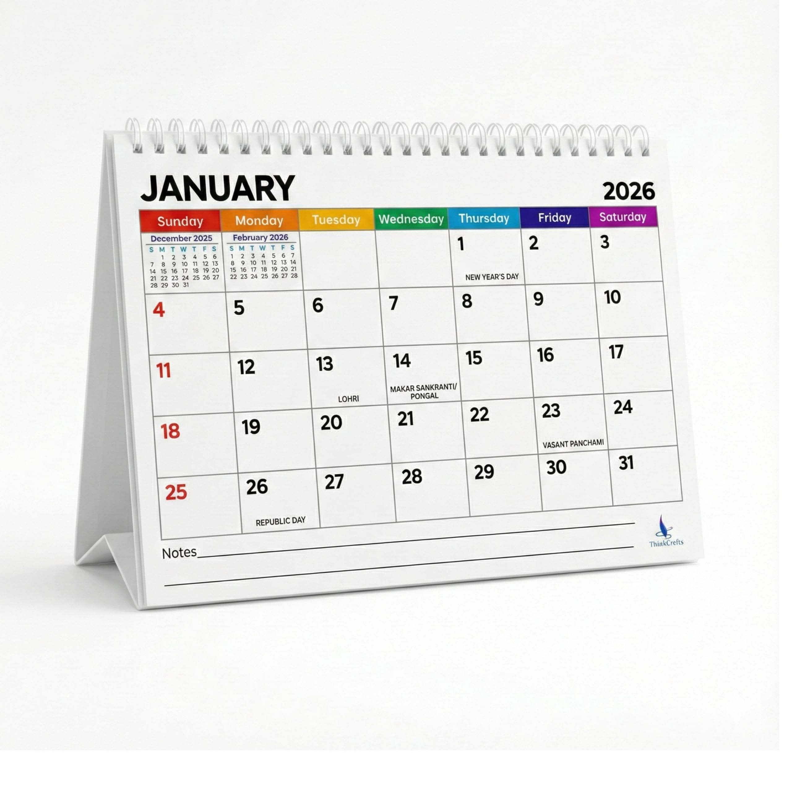 ThinkCrafts 2026 Desktop Calendar with Indian Holidays, Twin Wire Binding, 8.5 x 6.5 inches, Thick Paper, Notes Section, Previous and Next Month View-image-9