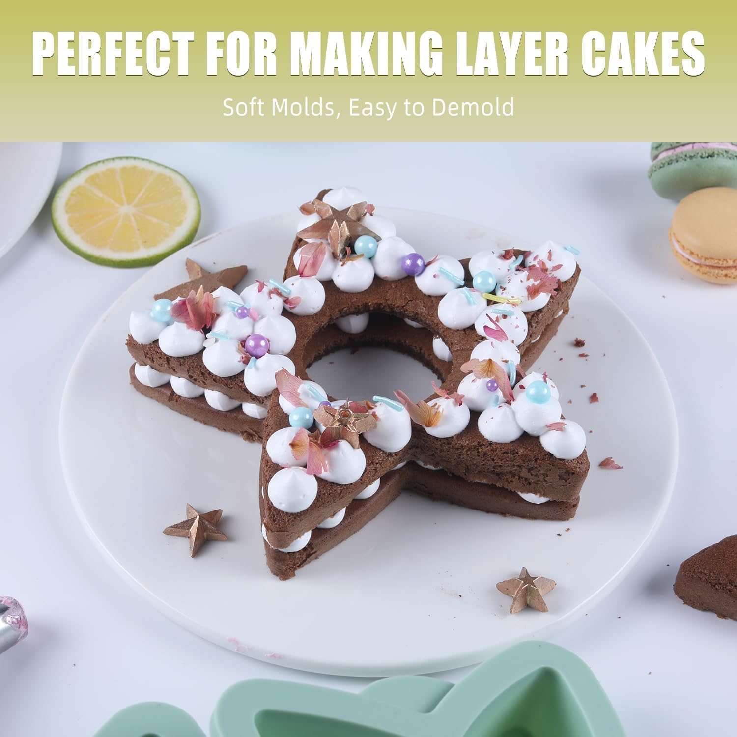 QELEG 4Pcs Star Shaped Cake Pans,6 inch Silicone Pancake Mold,layer Cake Pan Sets for Jumbo Whoopie Pie, Vegetable Pancakes, Taco Shells, Pizza Crust, Omelet, and Resin Craft(Star)