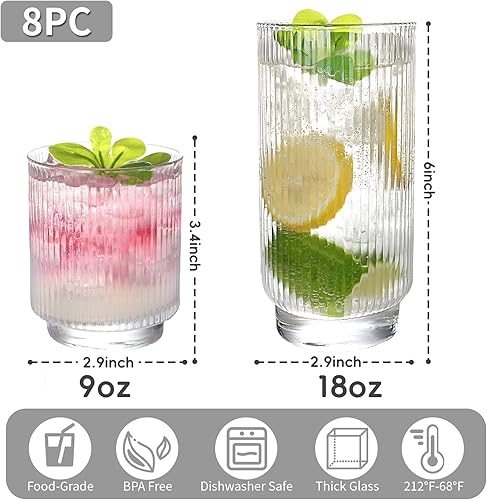 Miniatura 7 de Juego de 8 vasos de vidrio acanalado con base de cristal, 4 vasos Highball de 18 onzas y 4 vasos de 9 onzas, Art Deco, para agua, café helado,