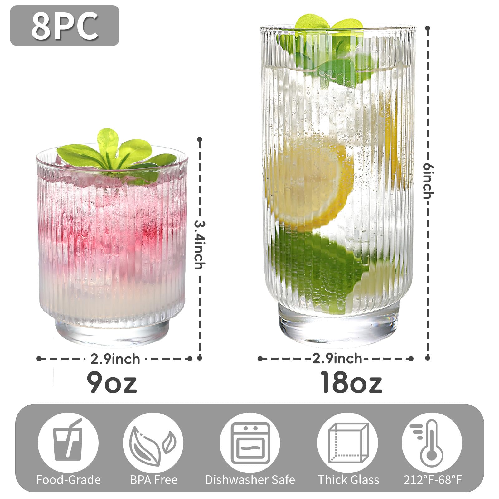 Lot de 8 tasses en verre nervuré avec base en cristal, 4 verres highball de 414 ml et 4 verres à boire de 255,1 g, art déco, pour eau, café glacé, cocktail, jus, whisky, cadeau