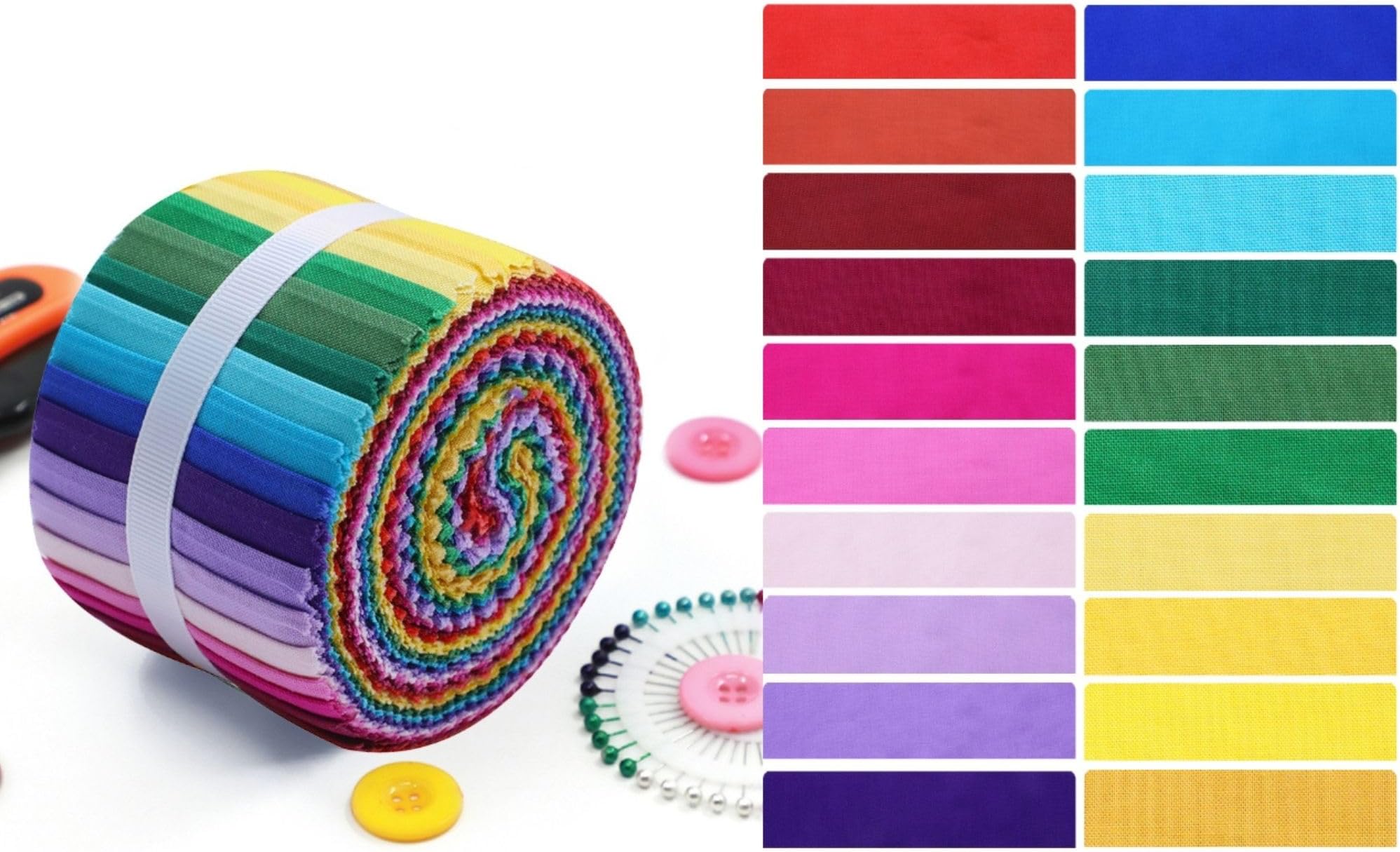 Rainbow Solid Cotton Jelly Roll – 2.5″ x 44″ (150 GSM) 20pcs Fabric Strips Pre-Cut – Bright & Pastel Colours – Quilting, Sewing & Craft Fabric Bundle