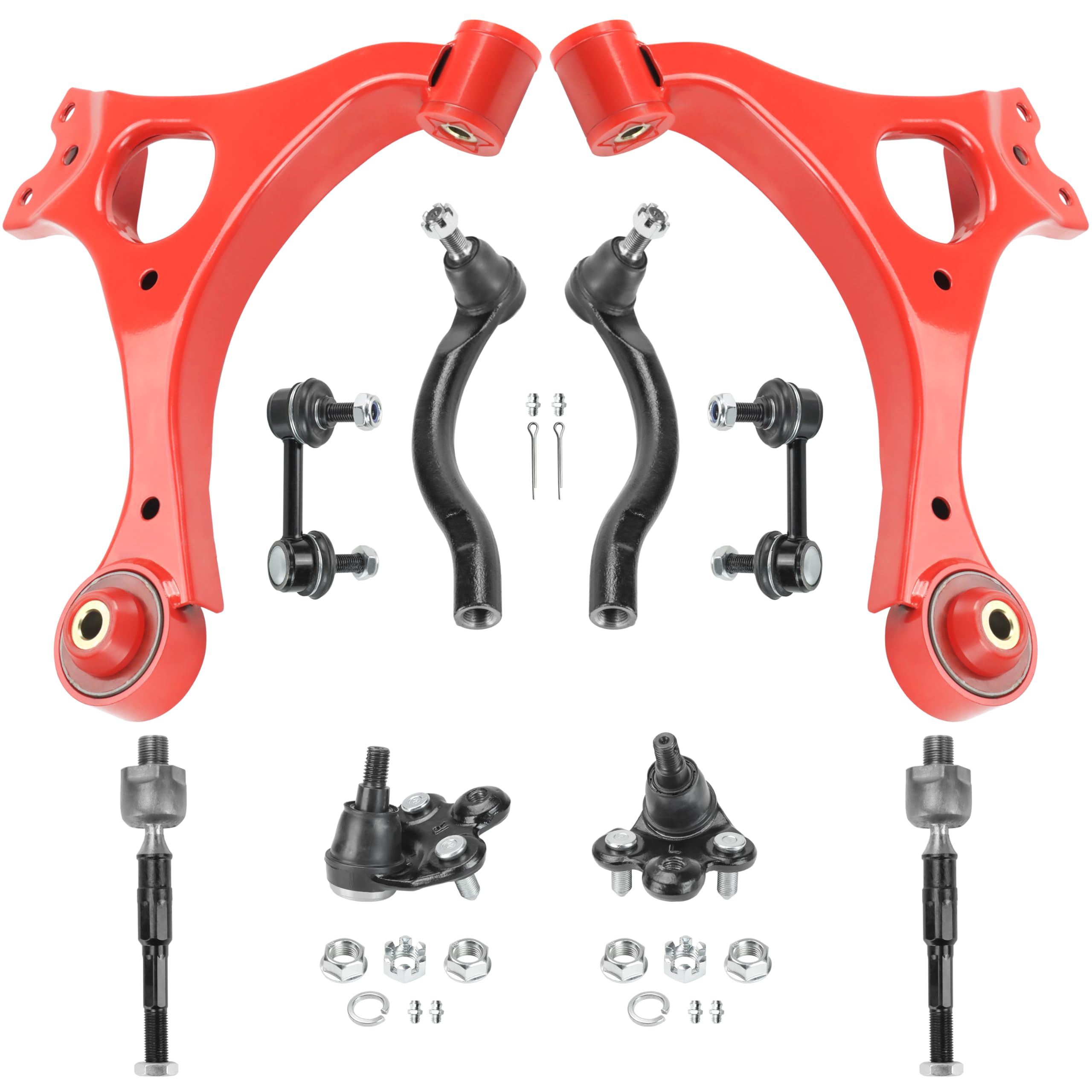 Photo 1 of 10pc Front End Suspension Kit for 2006-2011 Honda Civic – 2 Lower Control Arms, 2 Lower Ball Joints, 4 Outer & Inner Tie Rods, 2 Sway Bar Links, Upgraded PU Bushings, Red