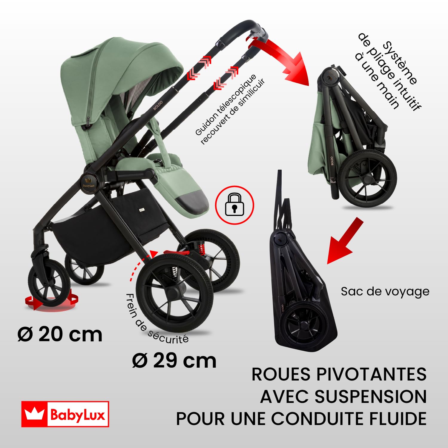 BabyLux® Poussette 2en1 BOLDO, Pliable Set De Poussettes Combinées Légères