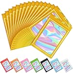 Funfery 100 pcs Gold Mylar Holographic Resealable Bags,Clear Packaging Bag Odor Proof Foil Pouch Bag for Food Storage, Lipgloss, Jewelry, Eyelash Packaging for Small Business - 2.4 x 3.9Inch
