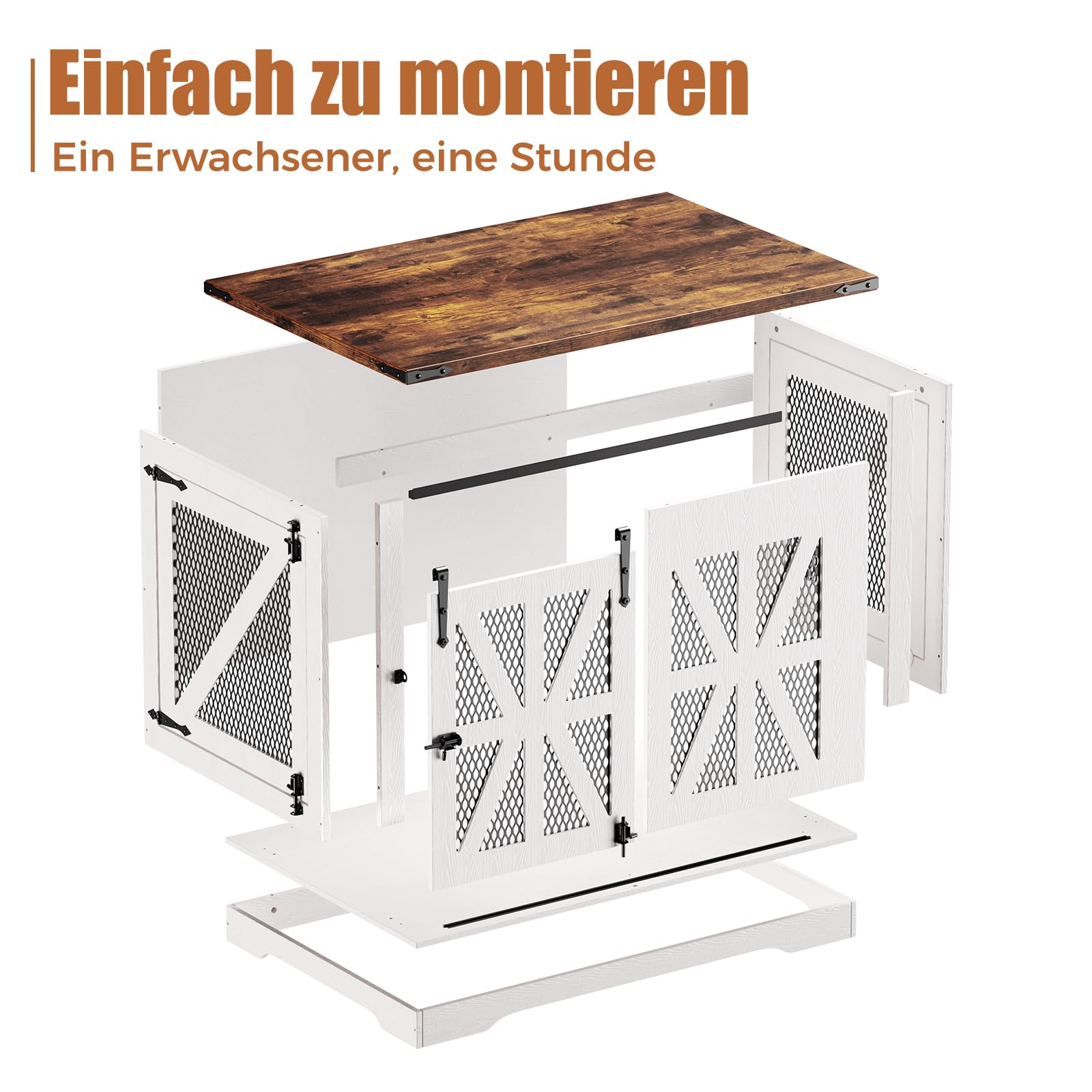 Hundebox, Hundekäfig für Zuhause, XL-Größe, Geeignet für Mittelgroße und Große Hunde, Verstärkt, um Bisse und Flucht zu Verhindern, 3-Türiges Design, Hundehütte Holz Indoor, 100×63×70 cm, Weiß