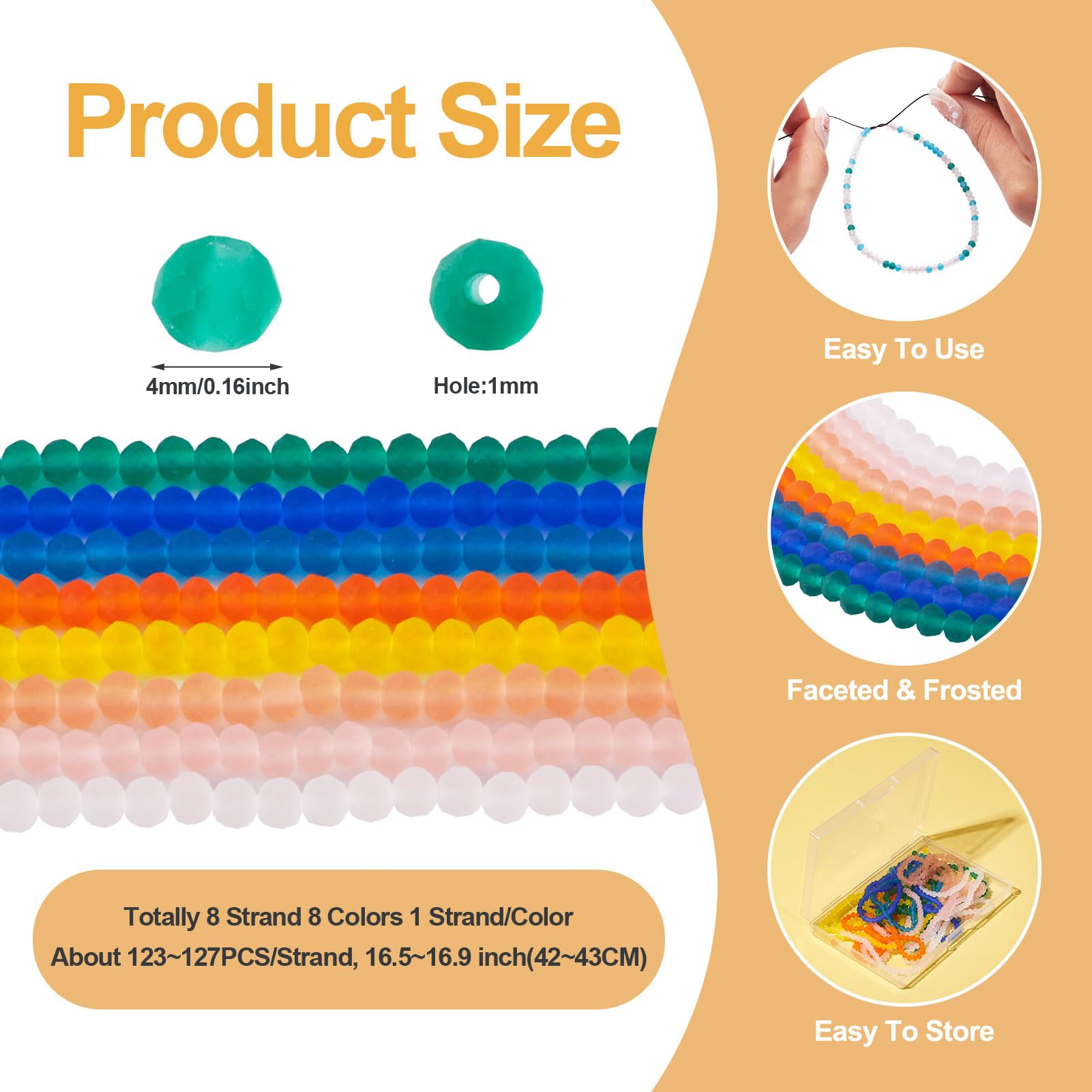 8 Strands Frosted Glass Beads – 4mm Rondelle Beads For Bracelets, Jewelry Making, DIY Craft Supplies