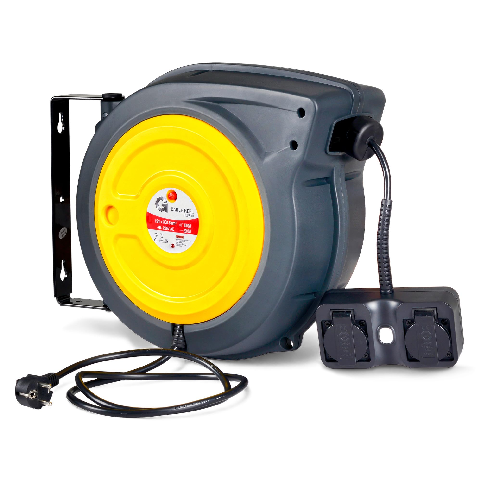 G Carrete de cable eléctrico automático 1,5 mm² × 15 m – Carrete retráctil inteligente con soporte giratorio para taller, garaje y jardín