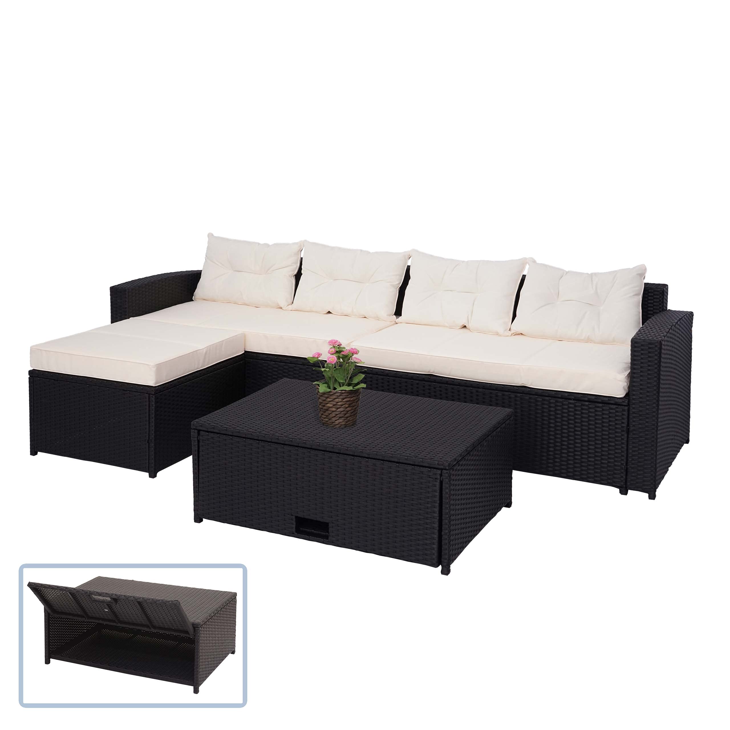 Mendler Set salotto giardino esterno salottino HWC-J34 polyrattan nero con cuscini avorio beige