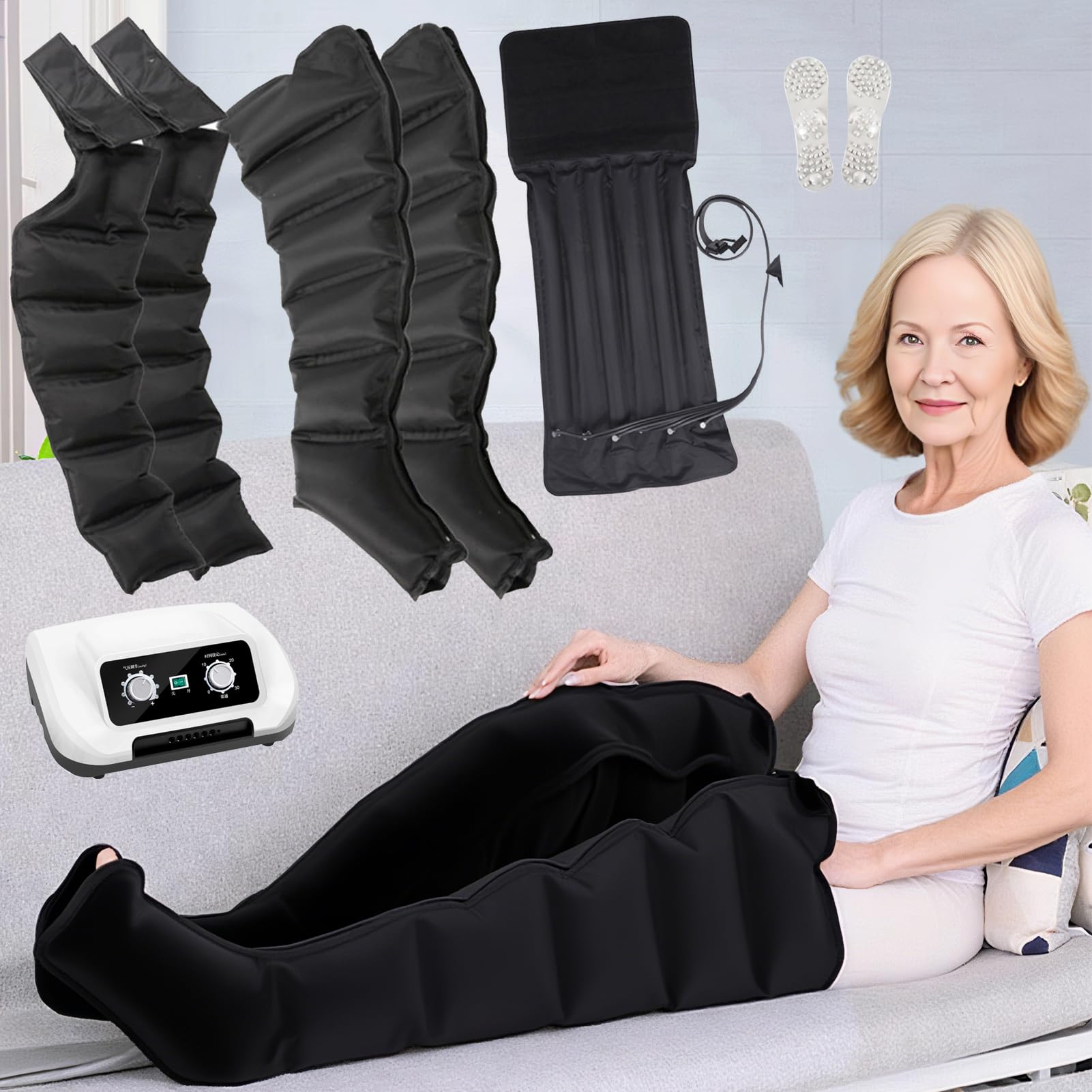 Massaggiatore Gambe con Compressione D'aria, 6 Camere D'Aria XXL Pressoterapia per Casa Pressoterapia Linfodrenaggio per Gambe,Braccia E Addome,Rilassamento Muscolare (Black, 2legs+2arms+waist)