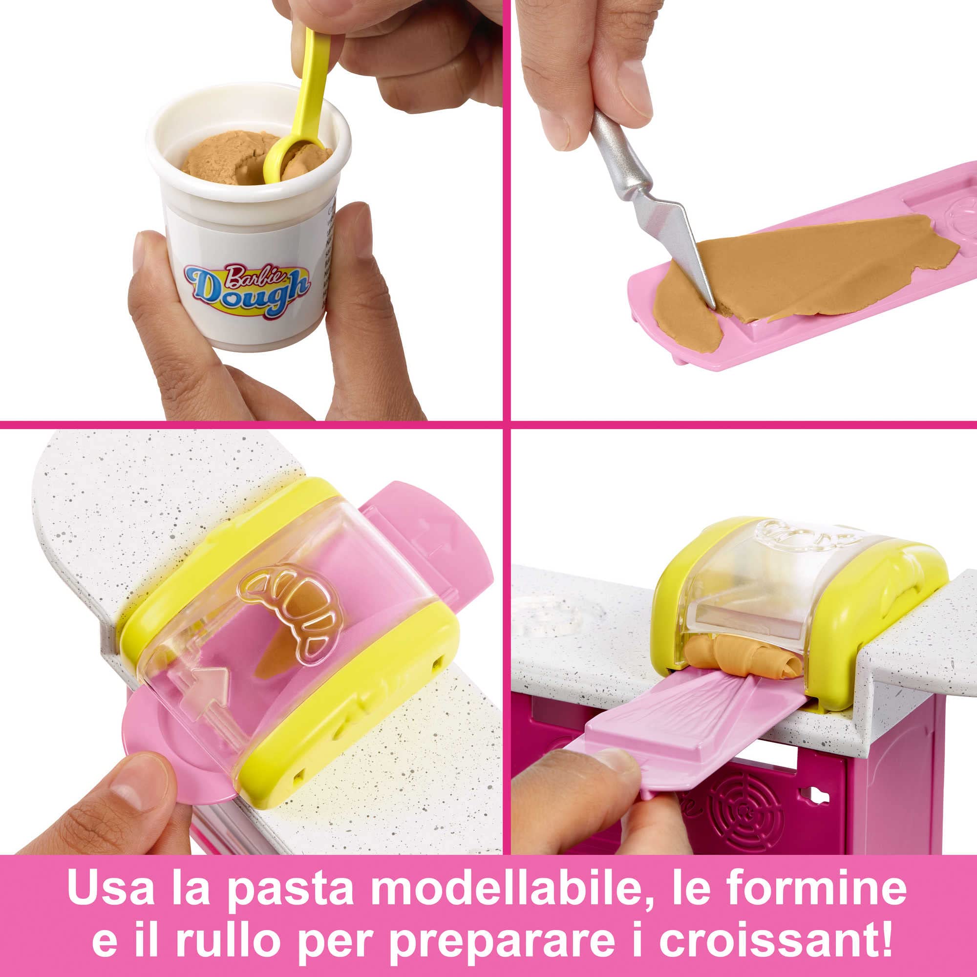 Barbie - Siamo in Due Playset Caffetteria con bambola "Malibu" e 18 accessori a tema pasticceria, tra cui pasta da modellare e stampi, Giocattolo per Bambini 5+ Anni, HJY19