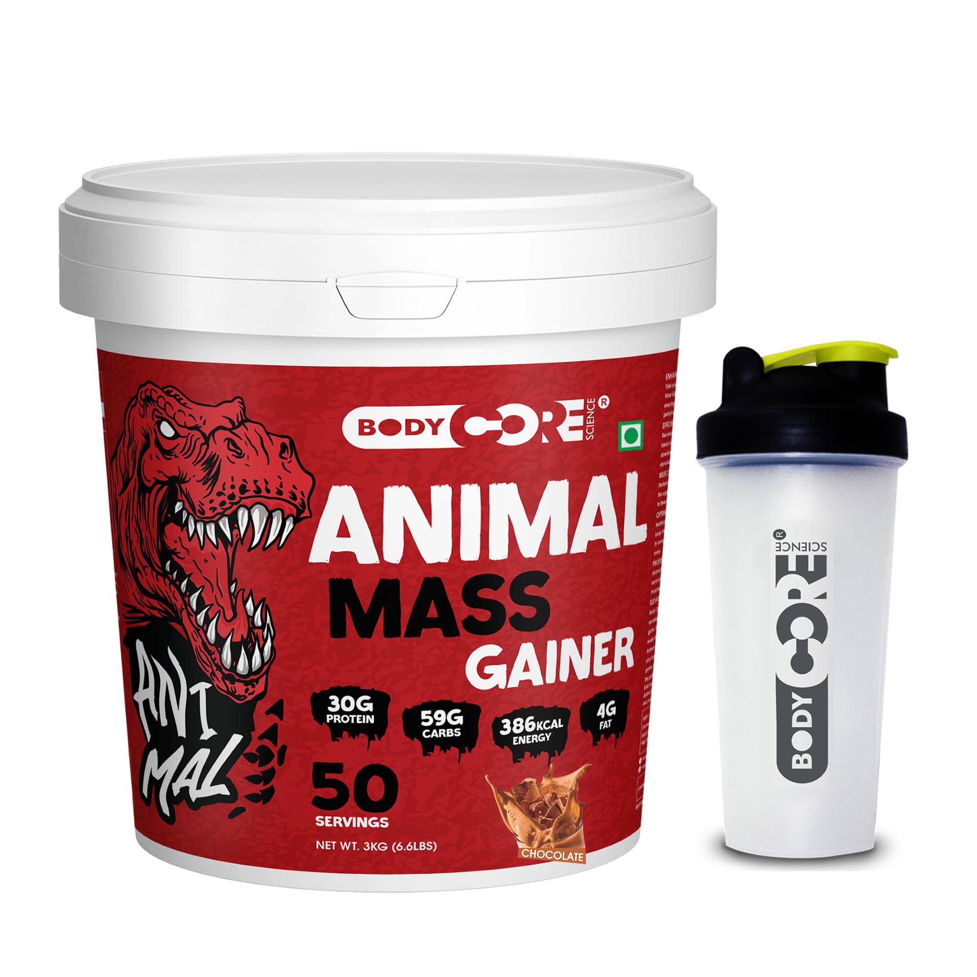 Body Core Science Animal Mass Gainer3kg| Mass Gainer| Heavy Weight Gainer (Chocolate, PO1+Shaker)