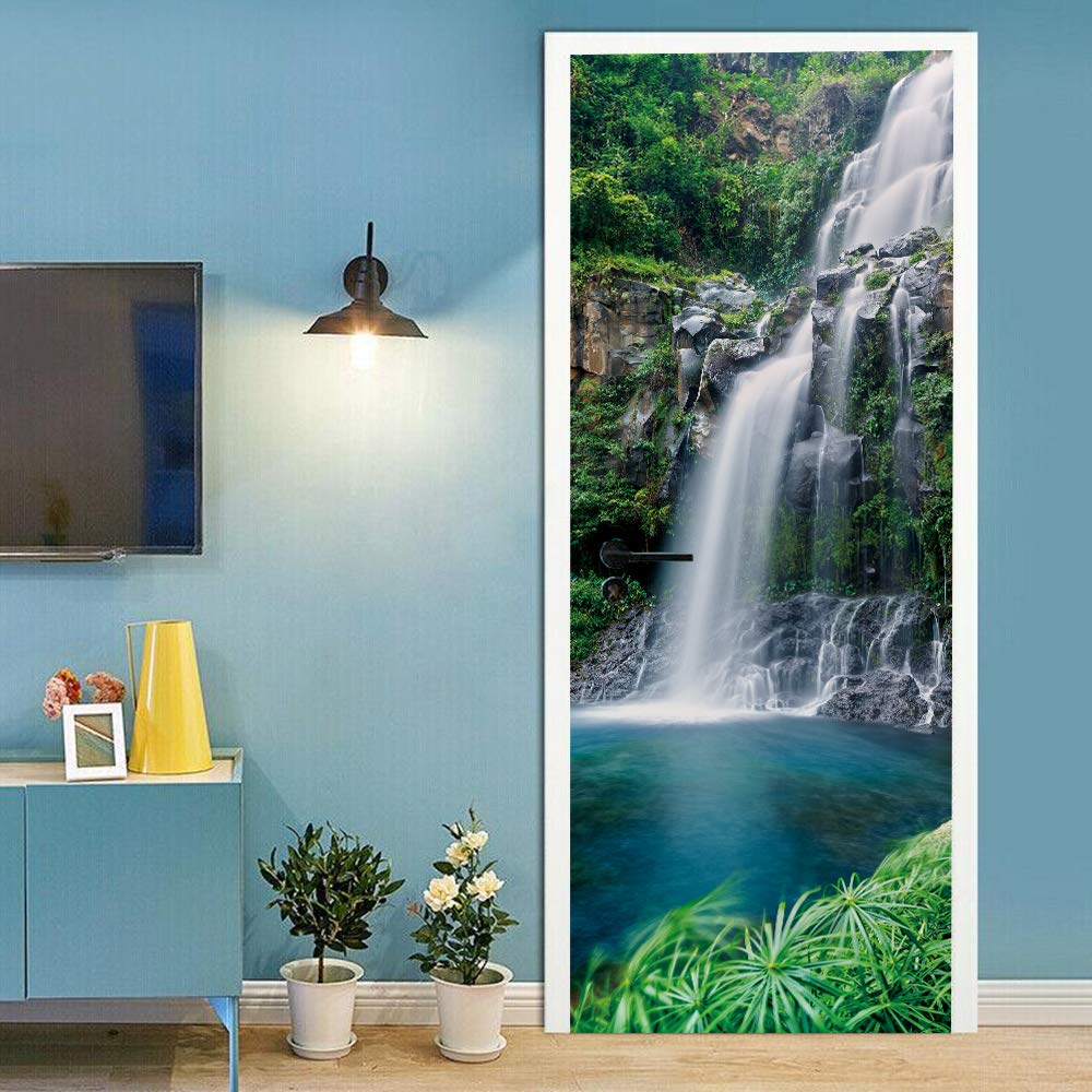 Sticker de porte cascade imperméable et amovible pour décoration trompe l'œil 88x200cm