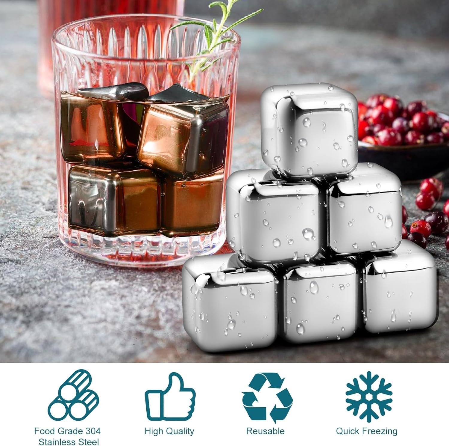 Kinmsito 24 Stück Edelstahl Eiswürfel, wiederverwendbare Kühlsteine, mit Zange, 2 Untersetzer, Handtuch, 6 Boxen, für Whisky, Wein, Gin, Tonic, Cocktails, Likör