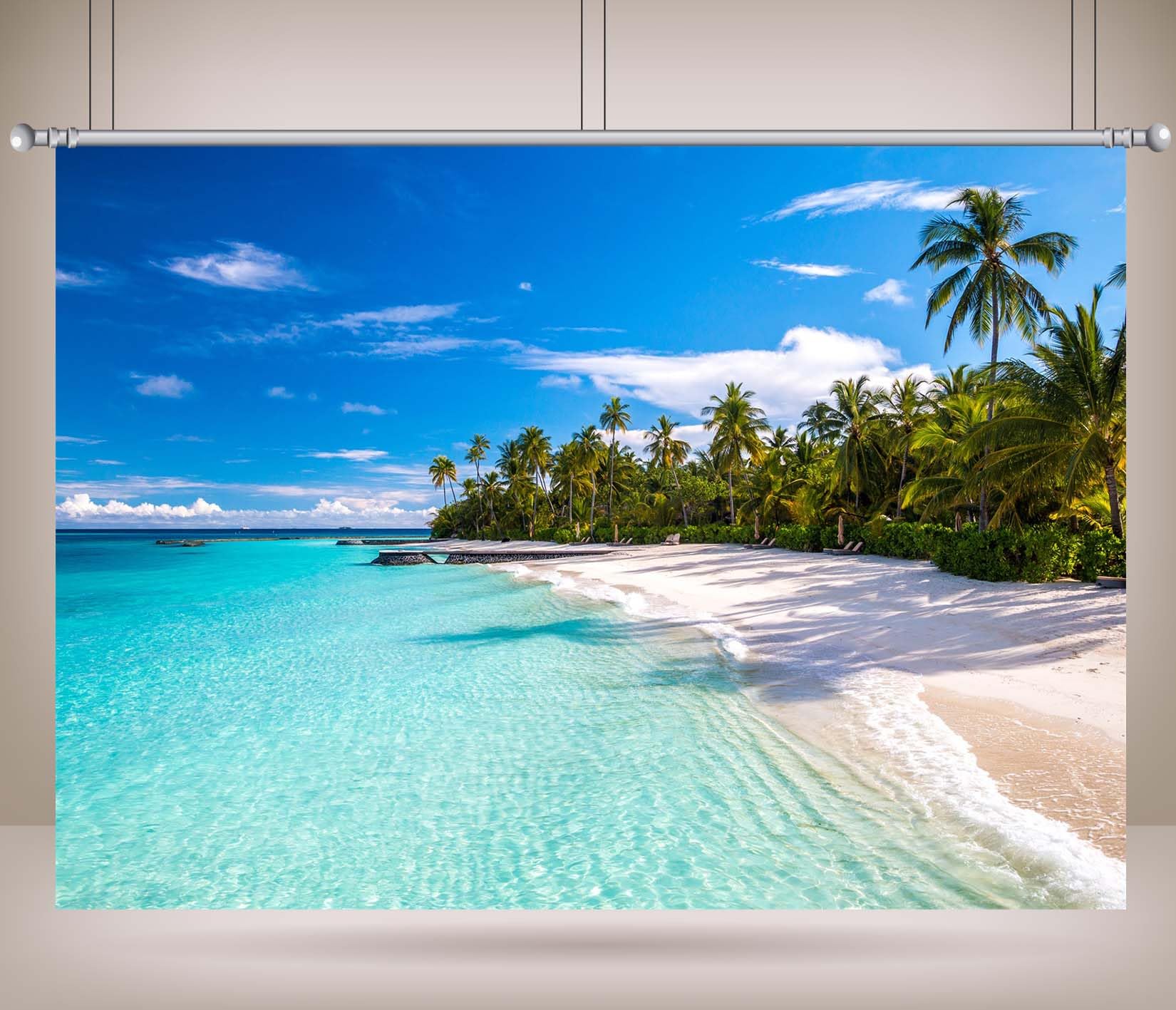 20x10FT (6x3m) Spiaggia Tropicale Turchese Con Palme Sfondo Fotografico | Costa Dell'Isola Soleggiata Fondale In Tessuto,Laguna Limpida Sabbia Bianca,Per Feste Estive E Foto Delle Vacanze,Photo Booth