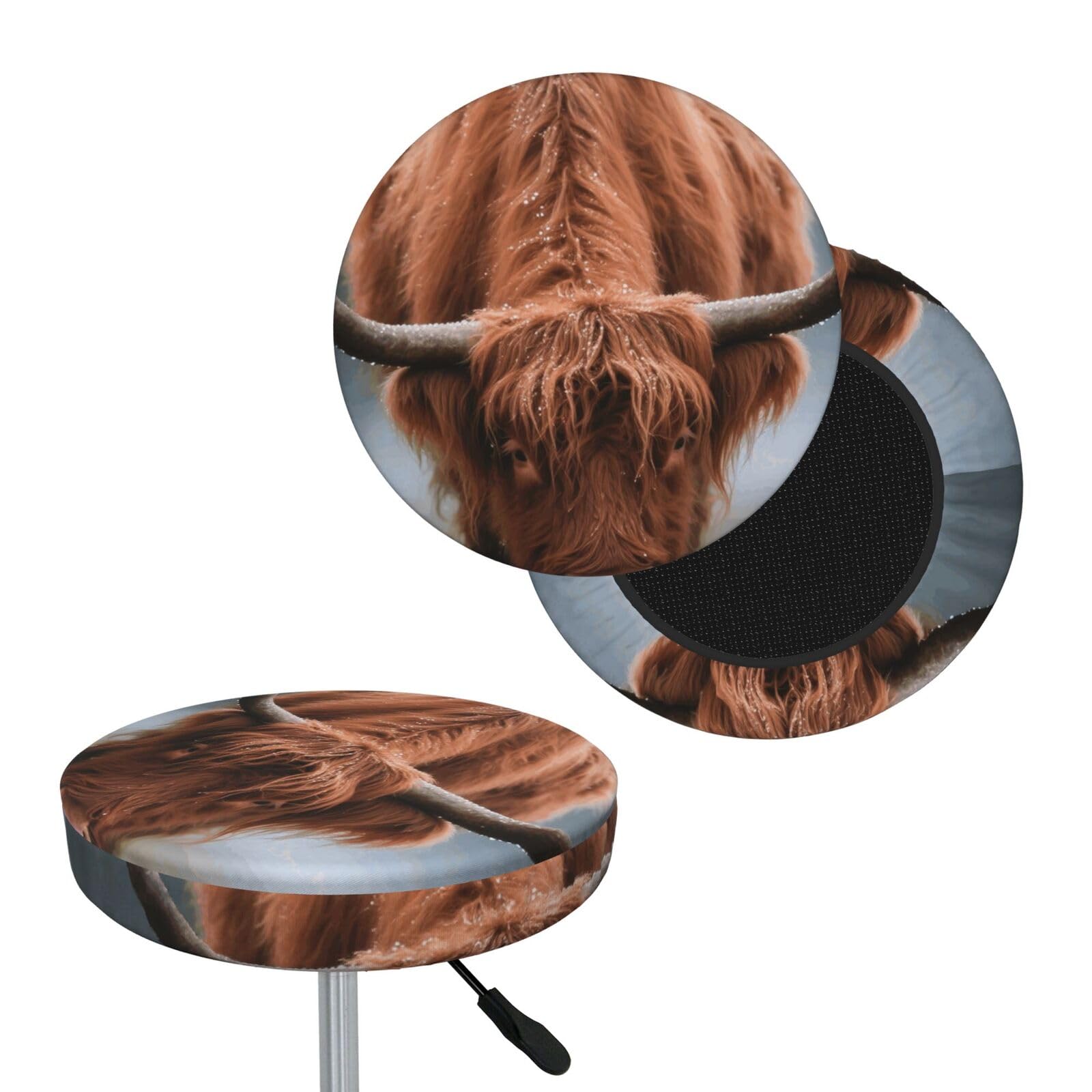 FekiLoot Highland Cow Round Bar Stool Covers Stretch Washable Bar Stool Covers Dustproof Slipcover Bar Chair Covers with Elastic Band for Bar Kitchen Living Room Decor 13 Inch