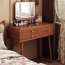 Vanity Desk with 26" LED Mirror, 3 Light Modes, Rustic Dressing Table with 3 Drawers, Solid Wood Makeup Vanity, for Bedroom Office80CM/31.5IN