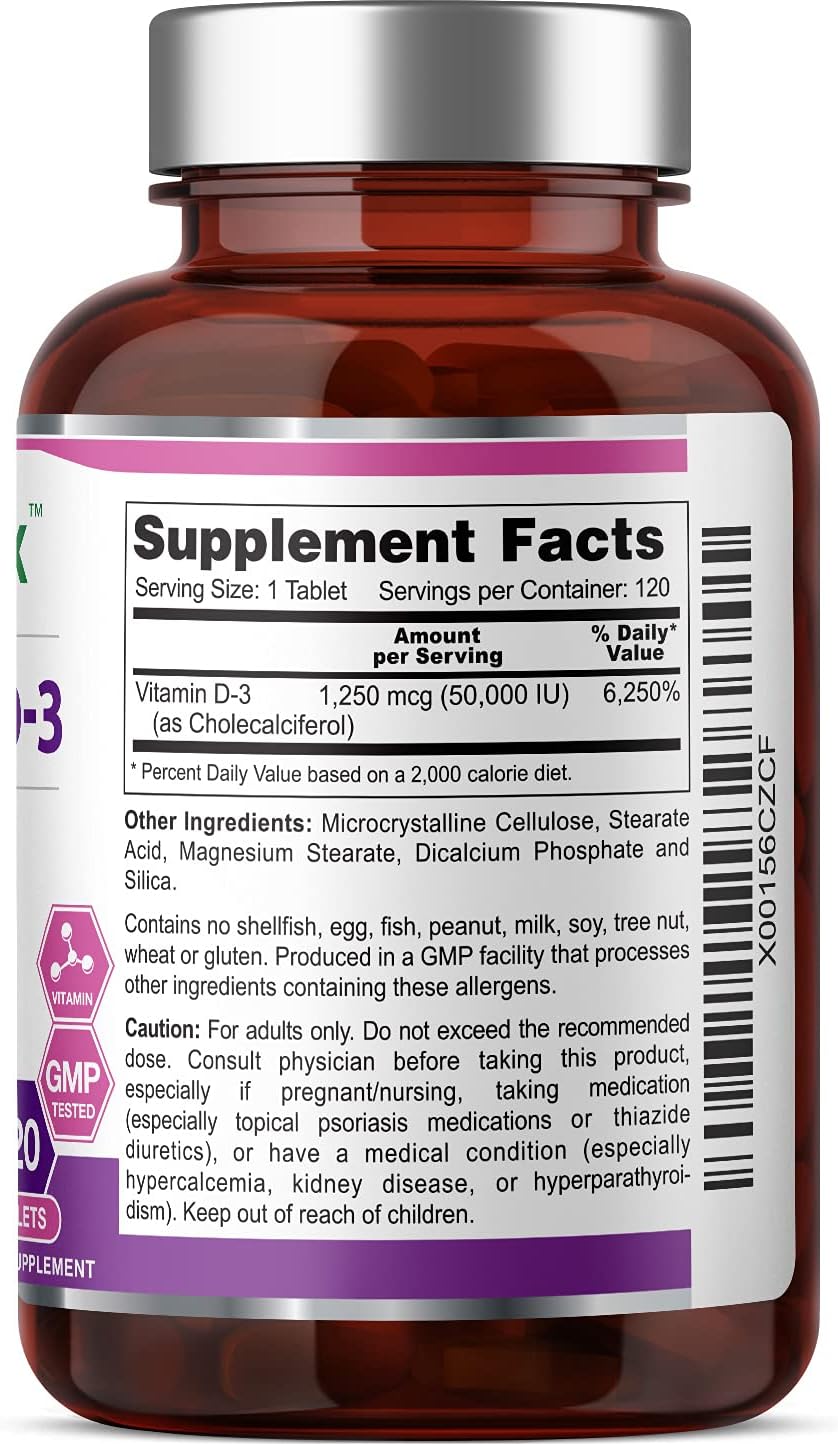 Vitamin D-3 50000 IU 120 Tablets - High-Potency Supports Strong Bones Immune Health and K2 : Health & Household