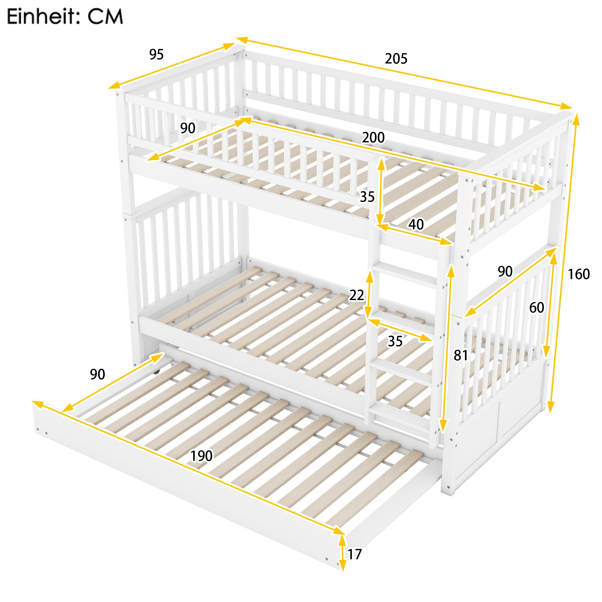 90 x 200 cm Litera, cama triple, cama infantil de madera con cama nido de 90 x 190 cm, barandilla alta, escalera estable, con somier (blanco), WX000811