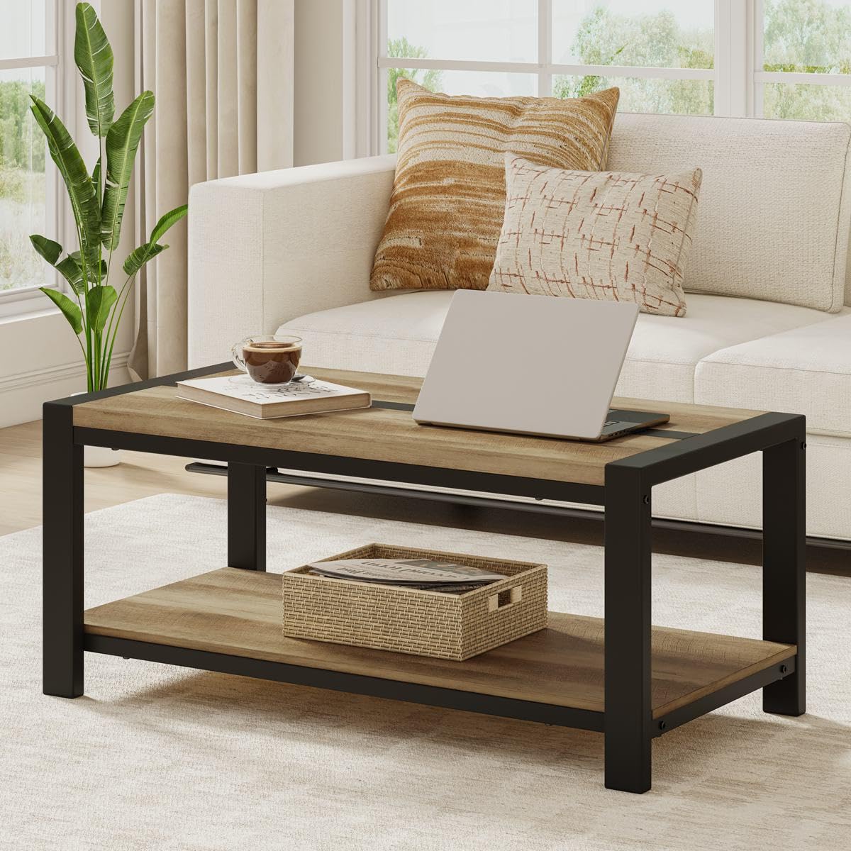 BON AUGURE 43 Inch Coffee Table, Wood and Metal Coffee Tables for Living Room, Rectangle Living Room Table, Small Farmhouse Center Tables for Home Office (Vintage Oak)