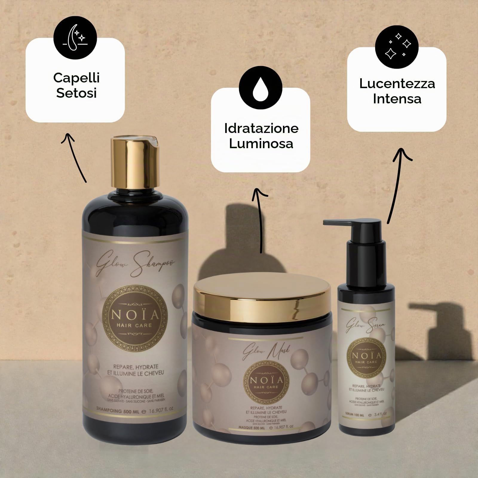 NOIA HAIR – Cofanetto Prestige – Routine capillare GAMME GLOW – Pack trio shampoo + maschera + siero proteina di seta, acido ialuronico e miele