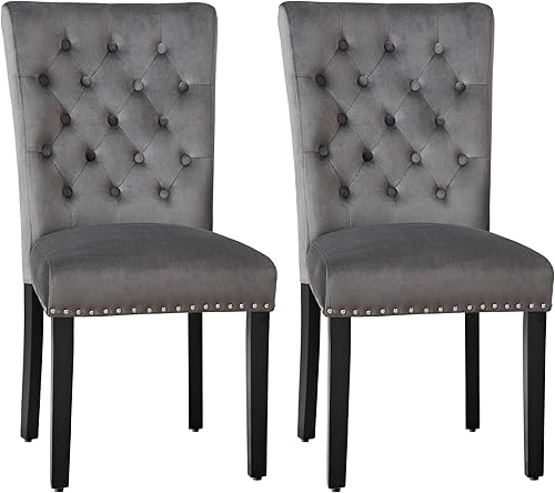 Parsons - Juego de 2 sillas de comedor de terciopelo para cocina, tapizadas, sillas decorativas de madera con ribete clavado, color gris oscuro