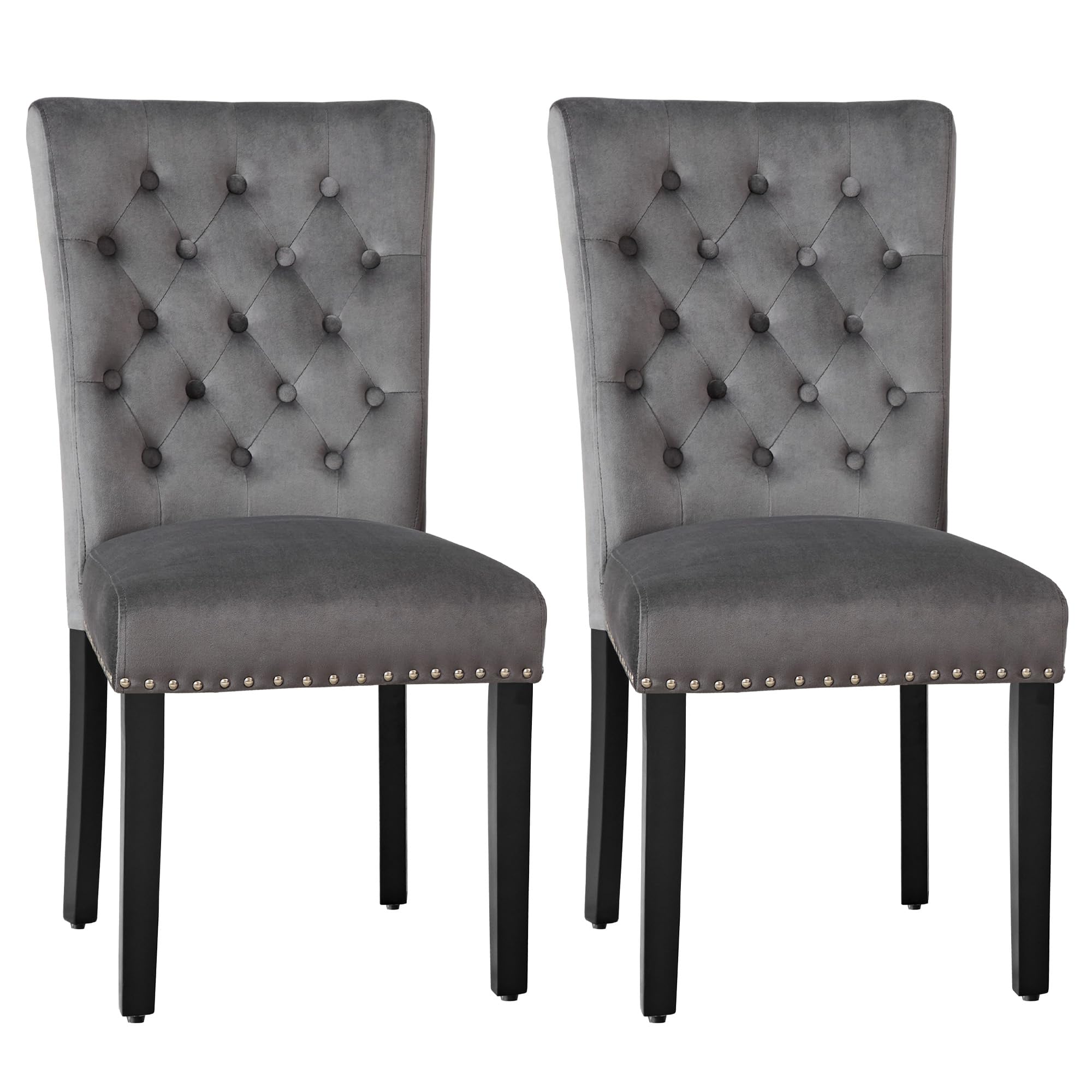 adochr Velvet Dining Kitchen Chair Set of 2, Parsons Upholstered Dining Room Chair, Wood Accent Chair with Nailed Trim, Dark Grey