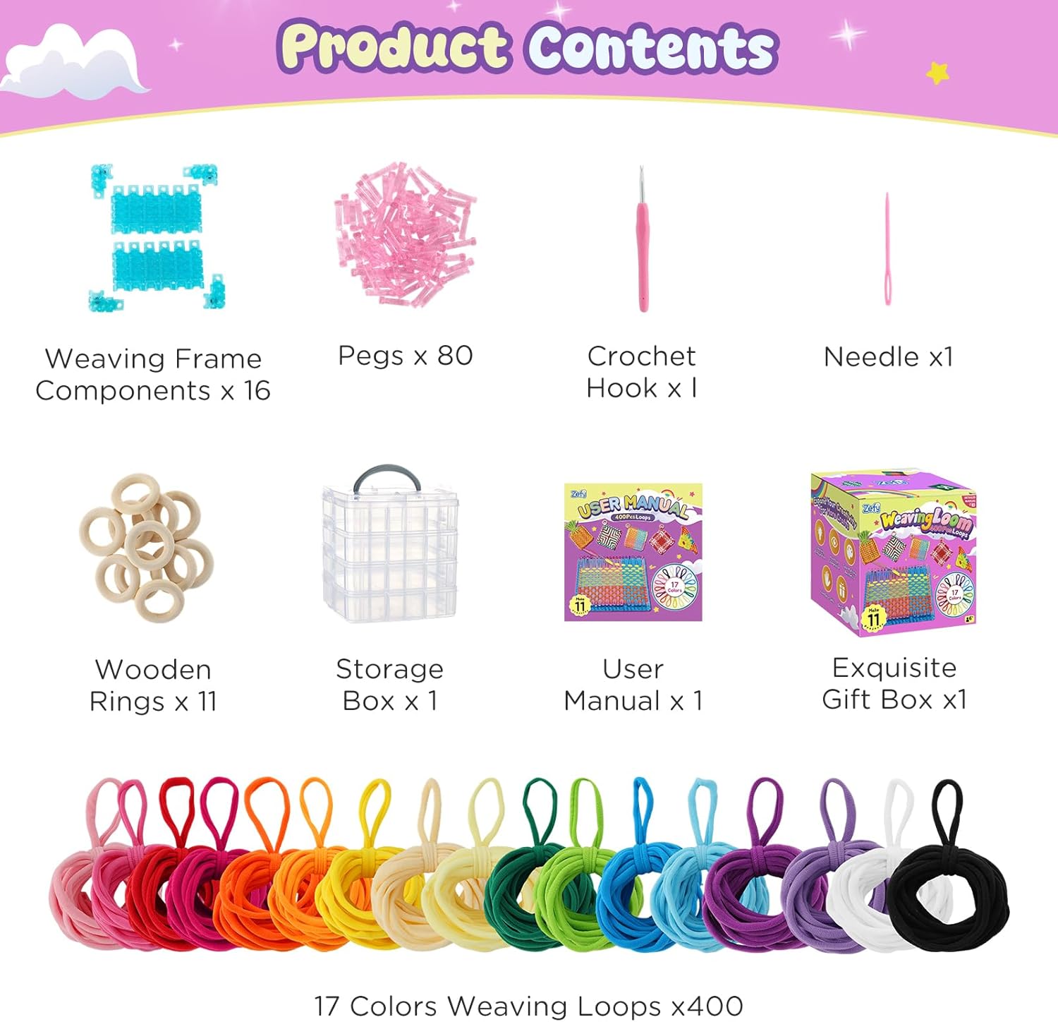 Zefy 400 Pcs Weaving Loom Kit Toys, 17 Colors Loom Loops with 11 PCs Wooden Rings, Rainbow Loops Making Potholder Loom Knitting Crafts Valentine Gifts for Kids Girls Adults - Image 6