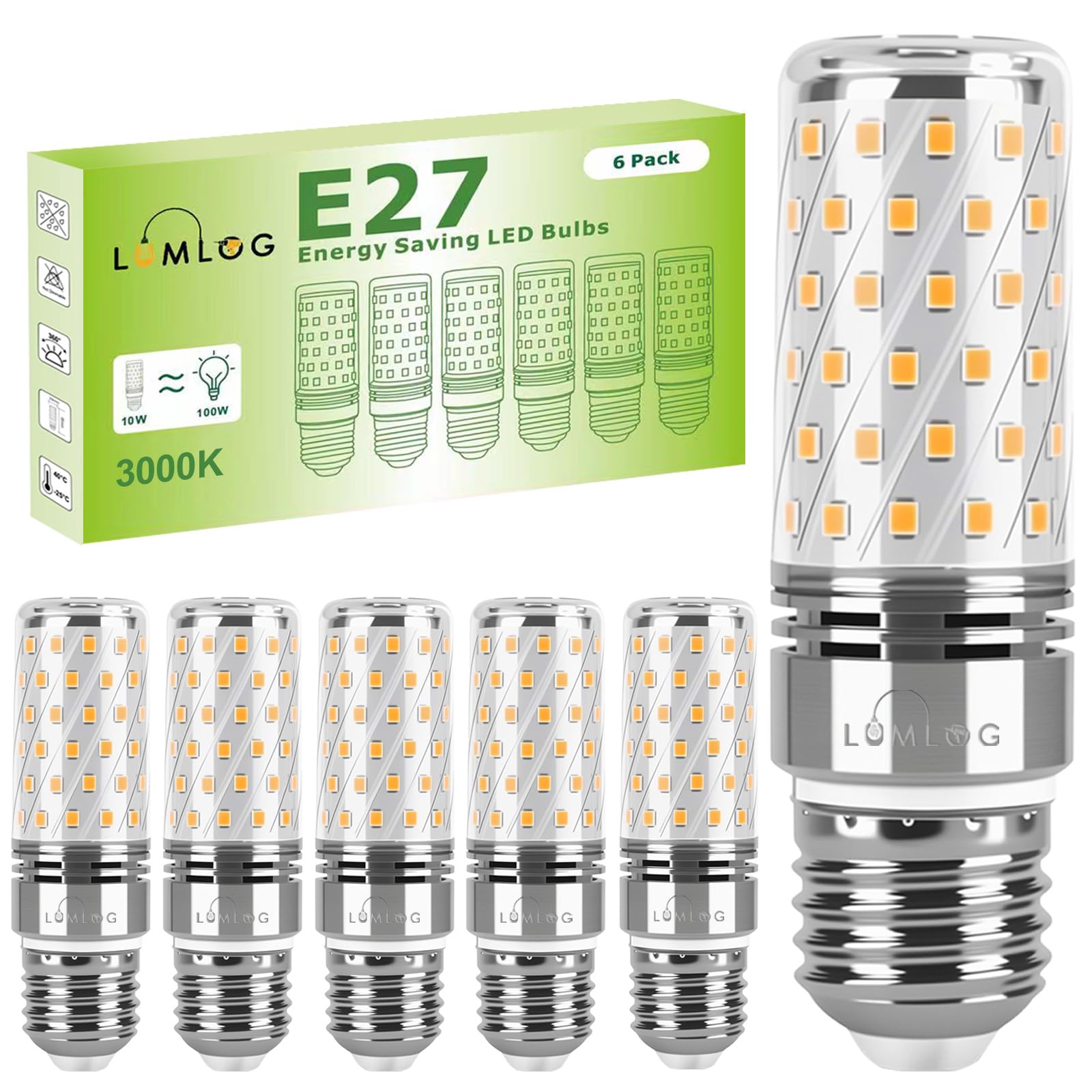 Lumlog E27 LED Bulbs Warm White 10W 3000K, E27 Edison Screw Light Bulbs, 100W Incandescent Equivalent, 1700LM Non-Dimmable Corn Light for Home Lighting, 220-240V, Pack of 6[Energy Class C]