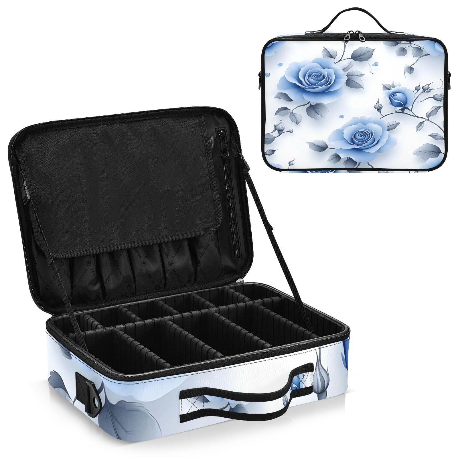 zyrtty Travel Makeup Train Case Flower Blue Grey Leaves Pattern Cosmetic Organizer Portable Storage Bag with Adjustable Dividers for Cosmetics Brushes Toiletry Jewelry Digital Accessories