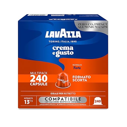 Immagine del prodotto Lavazza, Crema e Gusto Forte, 240 Capsule in Alluminio Compatibili con Macchine Nespresso* Original, con Note di Cacao e Legno, Arabica e Robusta, Intensità 13/13, Tostatura Scura, 3 Pack
