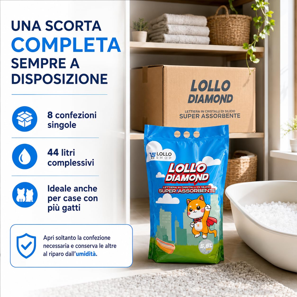 Lollo Diamond Lettiera Gatti in Cristalli di Silicio, 8 x 5,5 L, 44 Litri | Alta assorbenza, controllo degli odori e bassa polverosità; granuli delicati, ideali anche per case con più gatti