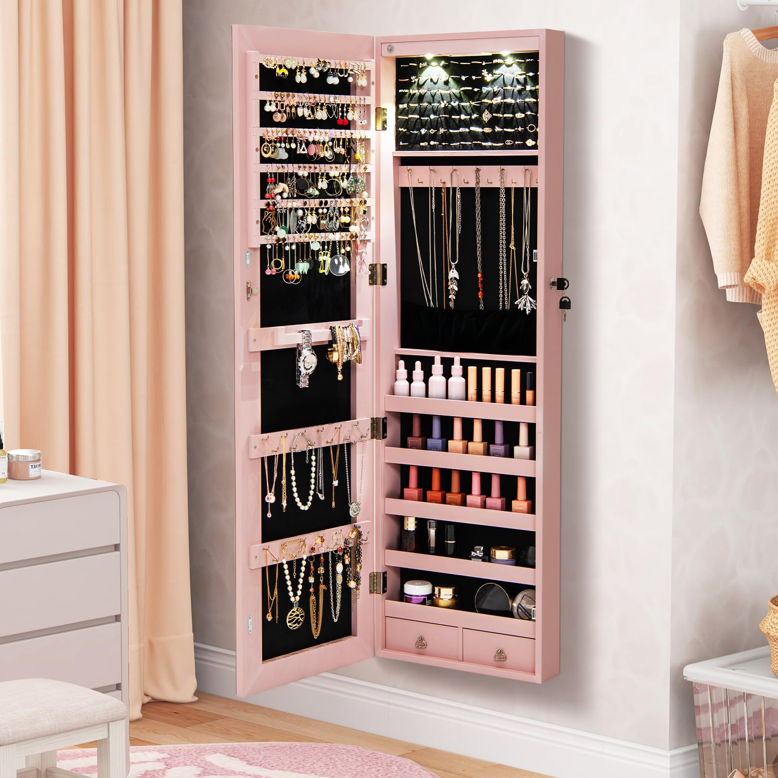 Byroce Wall Mounted Mirror Jewelry Cabinet, LED Door Mounted Storage Jewelry Organizer with 47.5”H Full Length Mirror, Bracelet Rod & 2 Drawers, Lockable Jewelry Armoire Organizer for Bedroom (Pink)