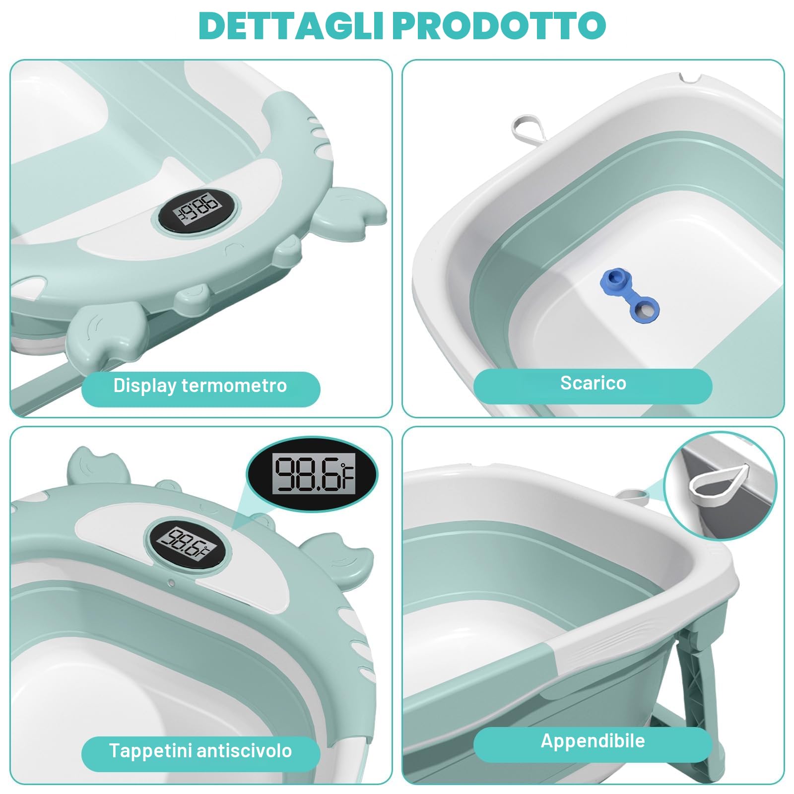 Vaschetta Bagnetto Neonato Pieghevole, Vaschetta Bagnetto Neonato con Termometro E Cuscino Staccabile, Riduttore Vaschette Bagnetto 0-36 Mesi (Verde)