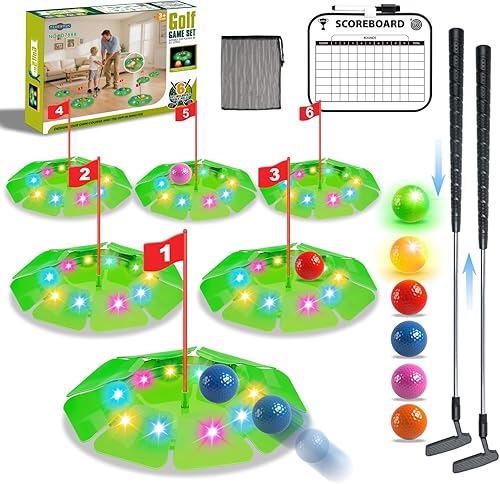 Juego de golf iluminado - Juego de golf para niños actualizado con 6 objetivos LED, 2 palos, 6 pelotas (2 brillan), juguetes de golf nocturnos para