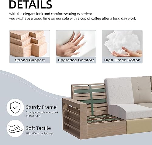 Miniatura 4 de Shintenchi Sofá modular convertible mejorado, sofá en forma de L de 3 plazas con reposabrazos altos, tela de lino, sofá pequeño de mediados de siglo