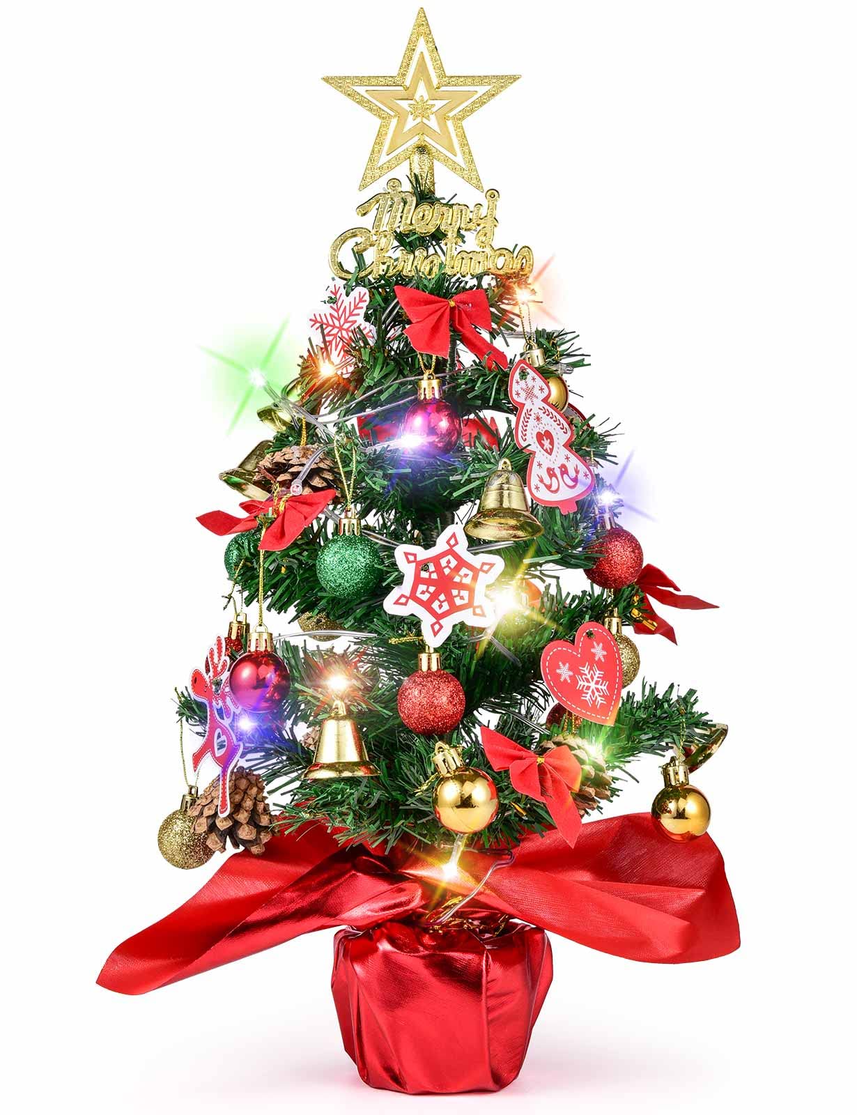 Tabletop Mini Christmas Tree with Flashing Colorful LED Lights,Star Treetop,46 Hanging Ornaments,19.6"/50cm DIY Miniature Pine Christmas Tree for Home Kitchen Table Centerpieces Decorations Home Decor