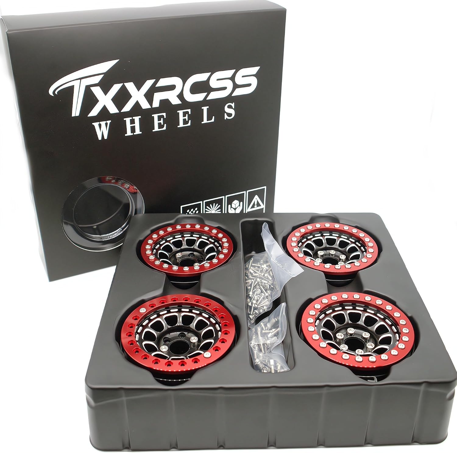 RC 2.2 Aluminum Alloy Beadlock Wheels and Tires Upgrades Accessories Rims for 1/10 SCX10 TRX4RC4WD and D90 RC Crawler Axial Remote Control Car (4pc) (Black & Red)